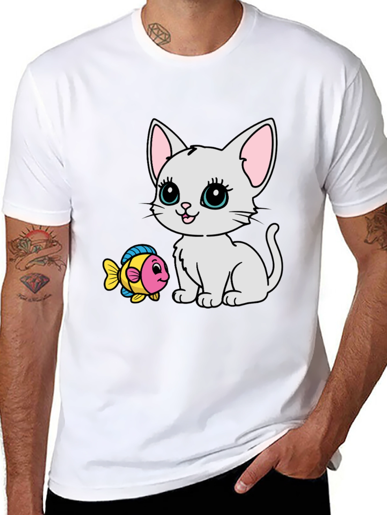Cute Cartoon Cat & Fish Graphic Tee - Black