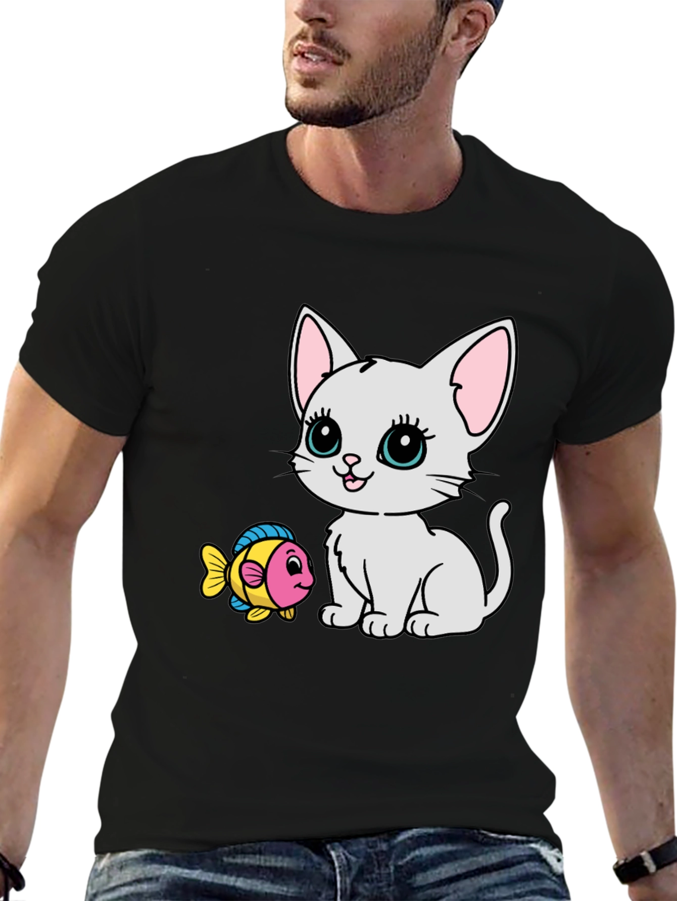 Cute Cartoon Cat & Fish Graphic Tee - Black