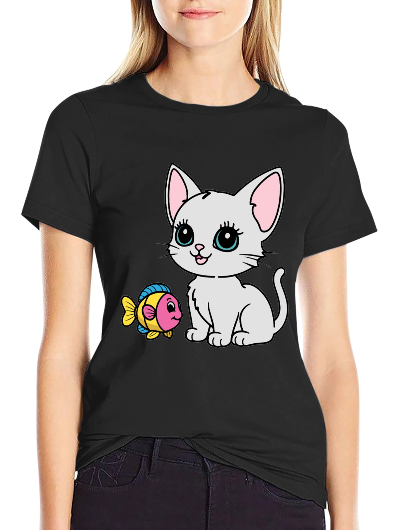 Cute Cartoon Cat & Fish Graphic Tee - Black