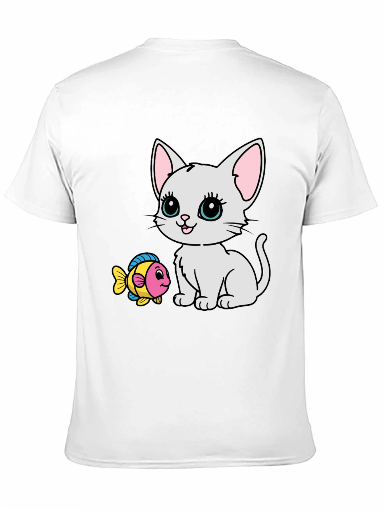 Cute Cartoon Cat & Fish Graphic Tee - Black