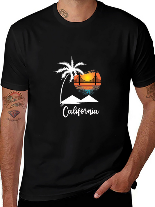 California Graphic Tee - Sunset Palm Tree Bridge Shirt