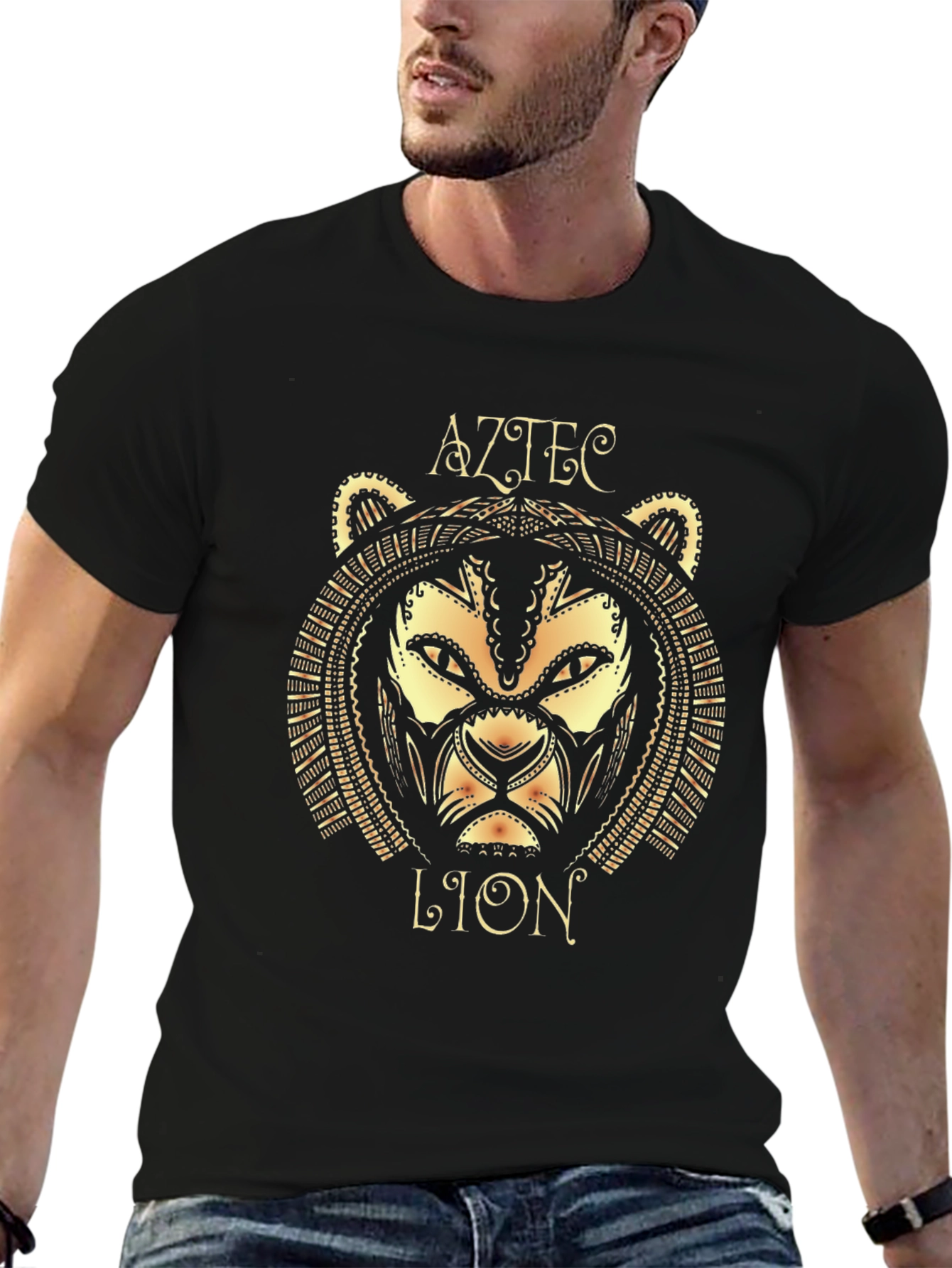 Aztec Lion Graphic Tee - Stylish Black Cotton T-Shirt