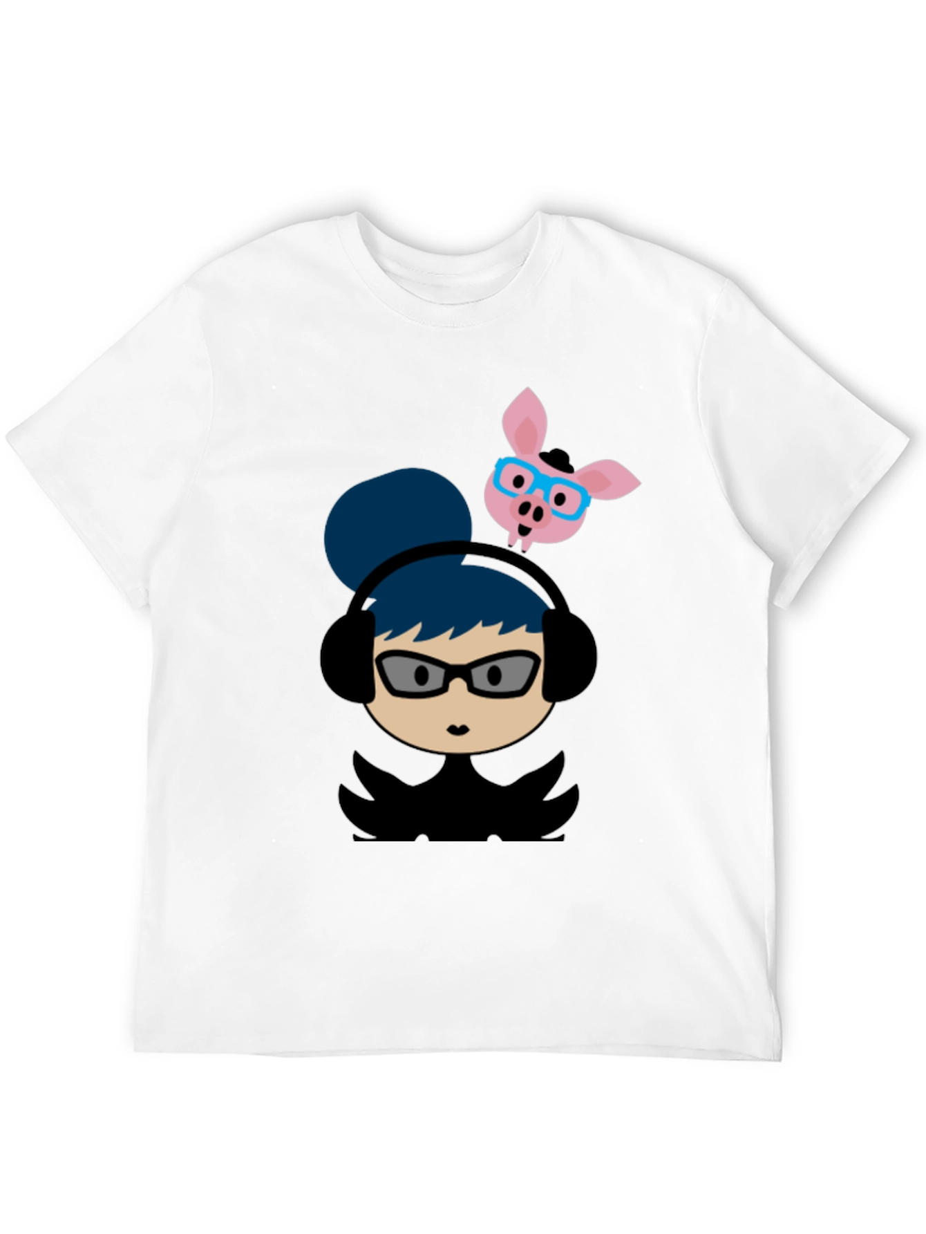 Quirky Cartoon Tee - Girl with Headphones & Pig