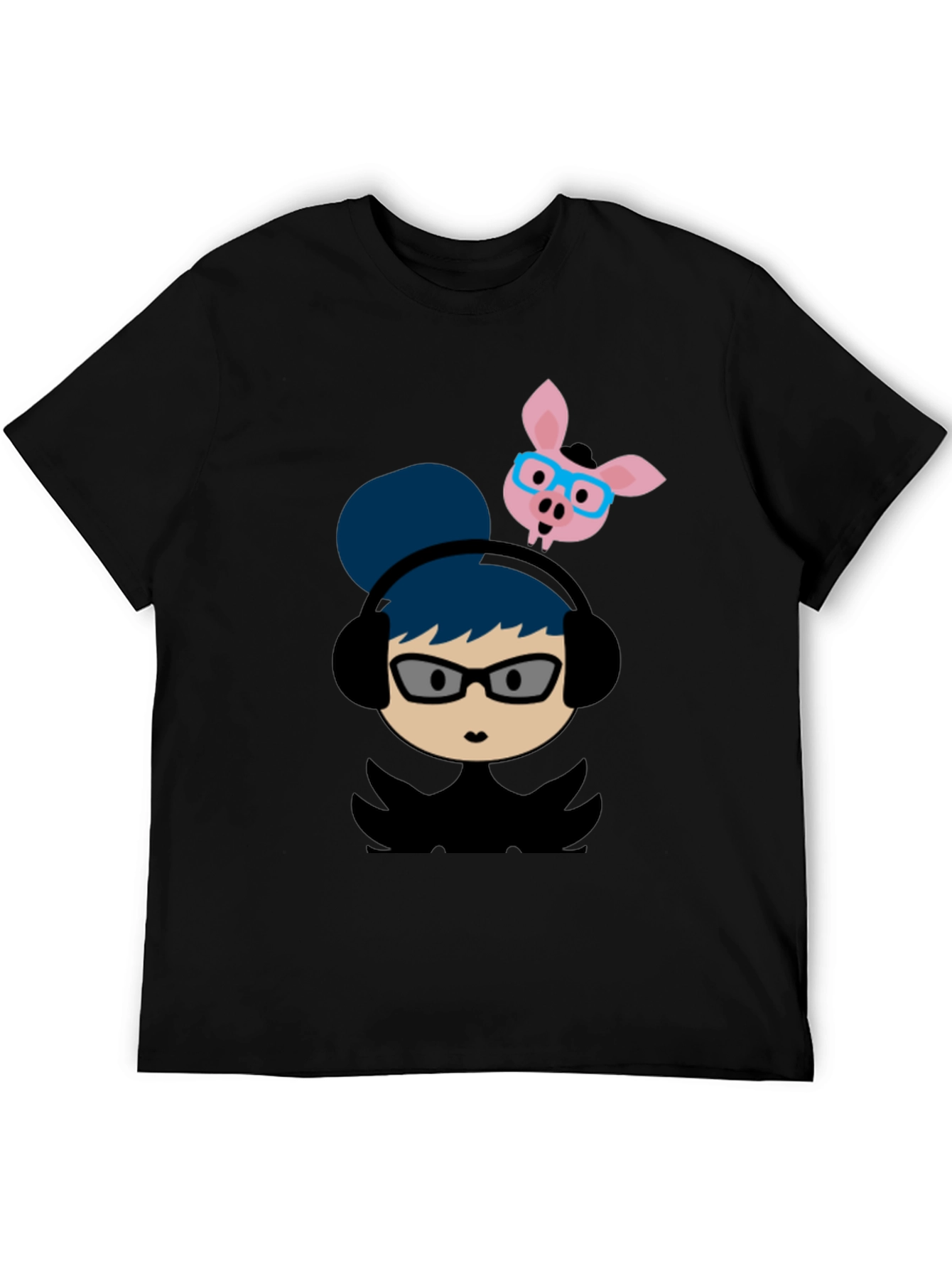 Quirky Cartoon Tee - Girl with Headphones & Pig