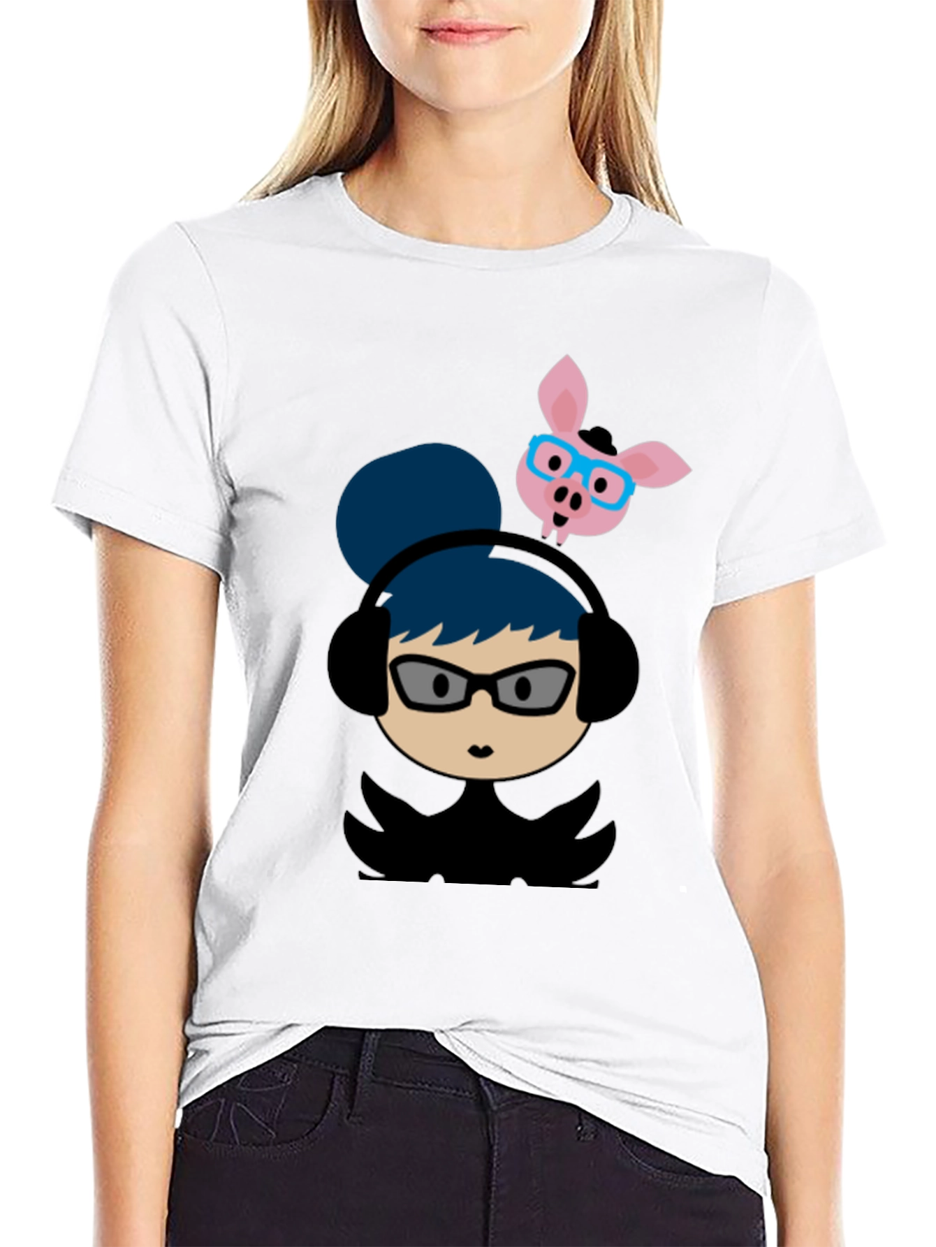 Quirky Cartoon Tee - Girl with Headphones & Pig