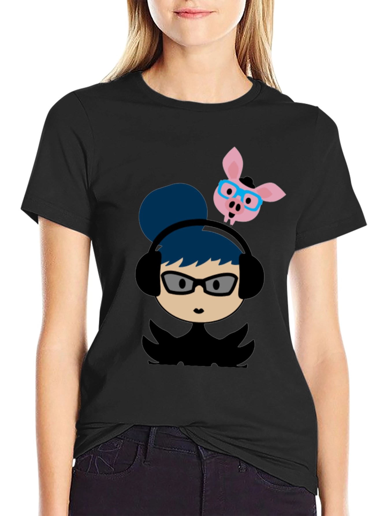 Quirky Cartoon Tee - Girl with Headphones & Pig
