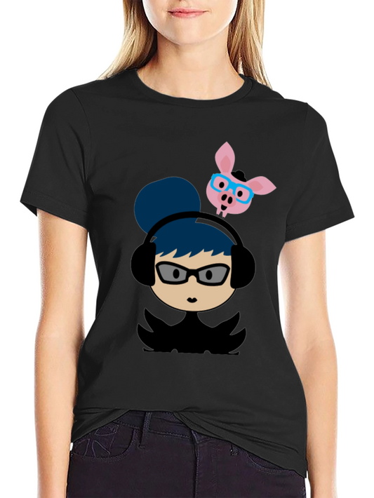 Quirky Cartoon Tee - Girl with Headphones & Pig