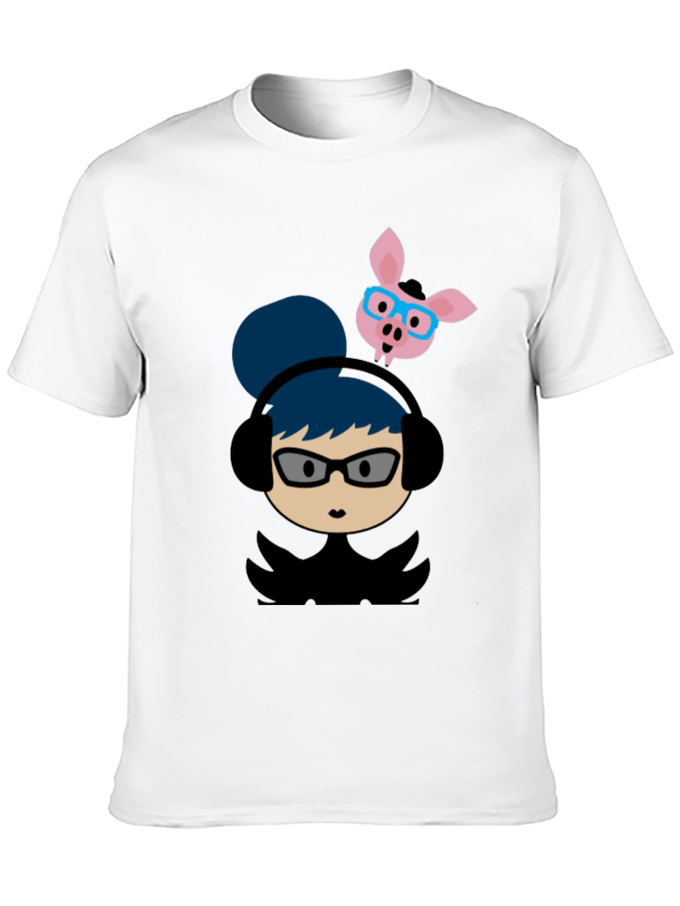 Quirky Cartoon Tee - Girl with Headphones & Pig