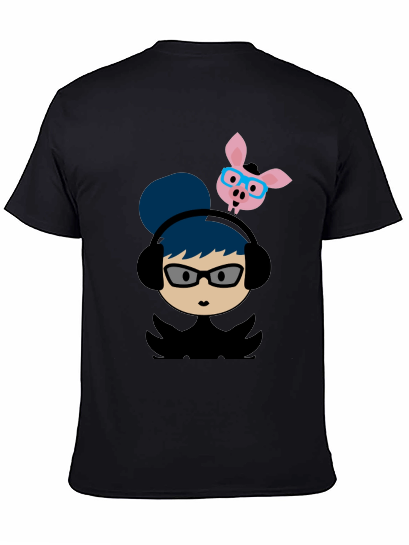 Quirky Cartoon Tee - Girl with Headphones & Pig