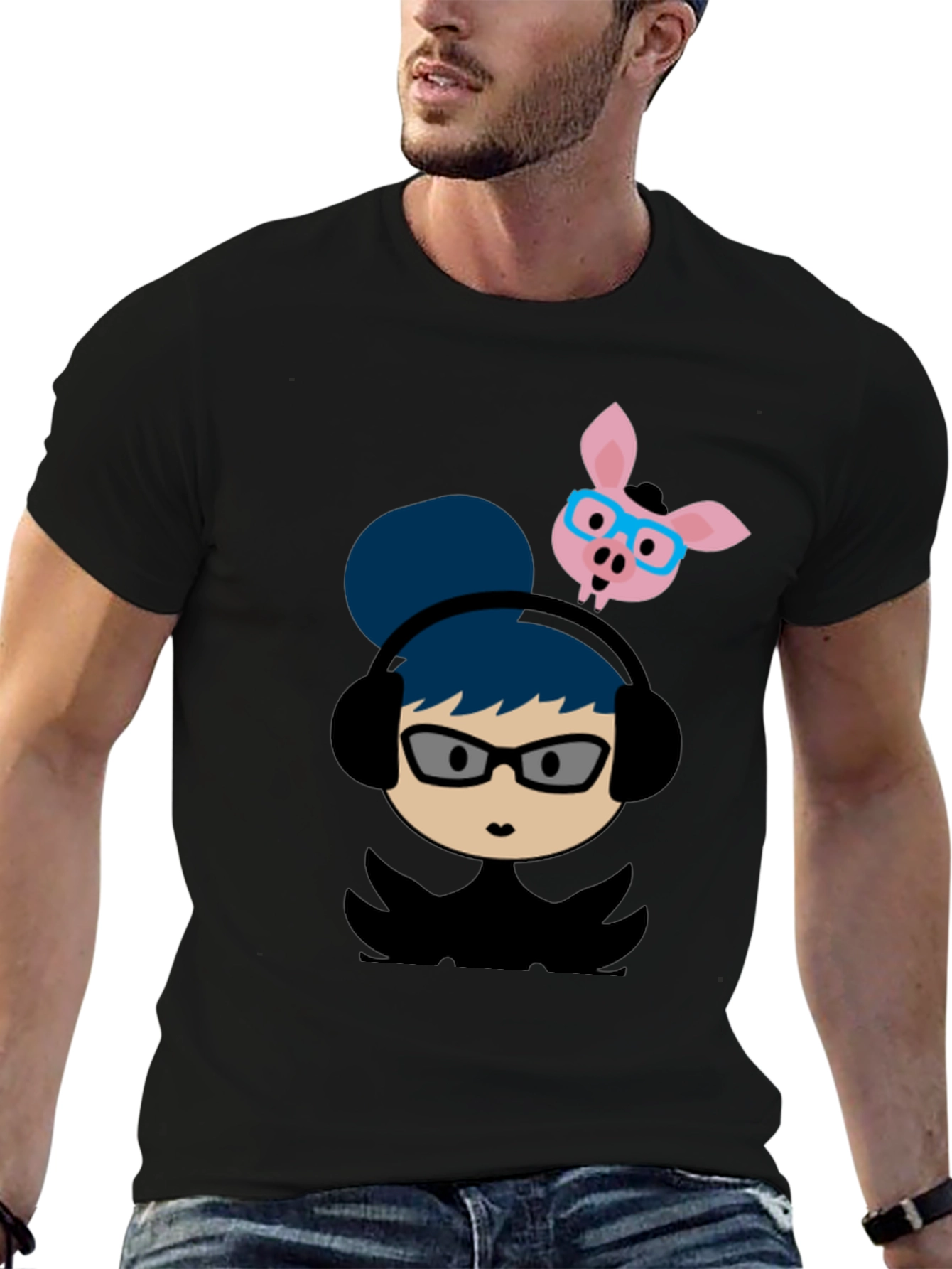 Quirky Cartoon Tee - Girl with Headphones & Pig