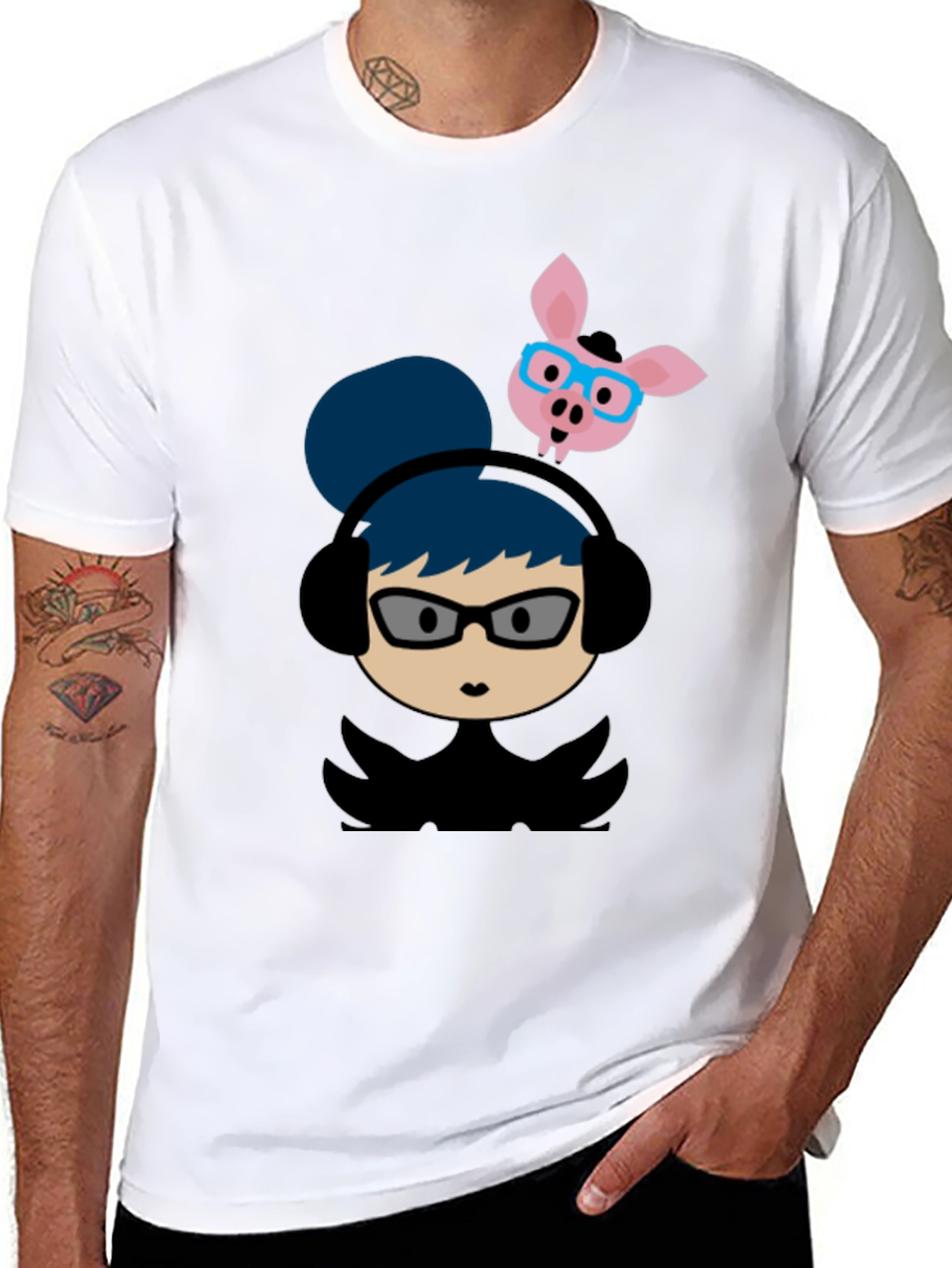 Quirky Cartoon Tee - Girl with Headphones & Pig