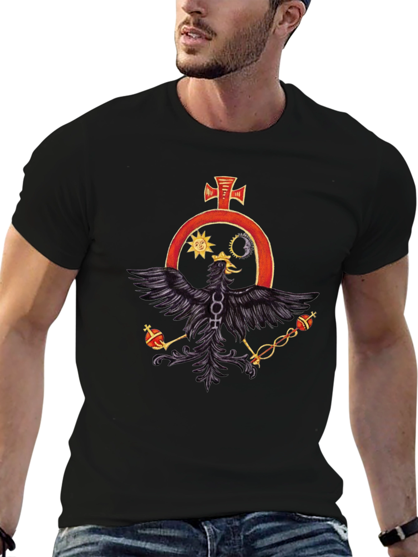 Black T-Shirt with Alchemical Symbol Eagle Design