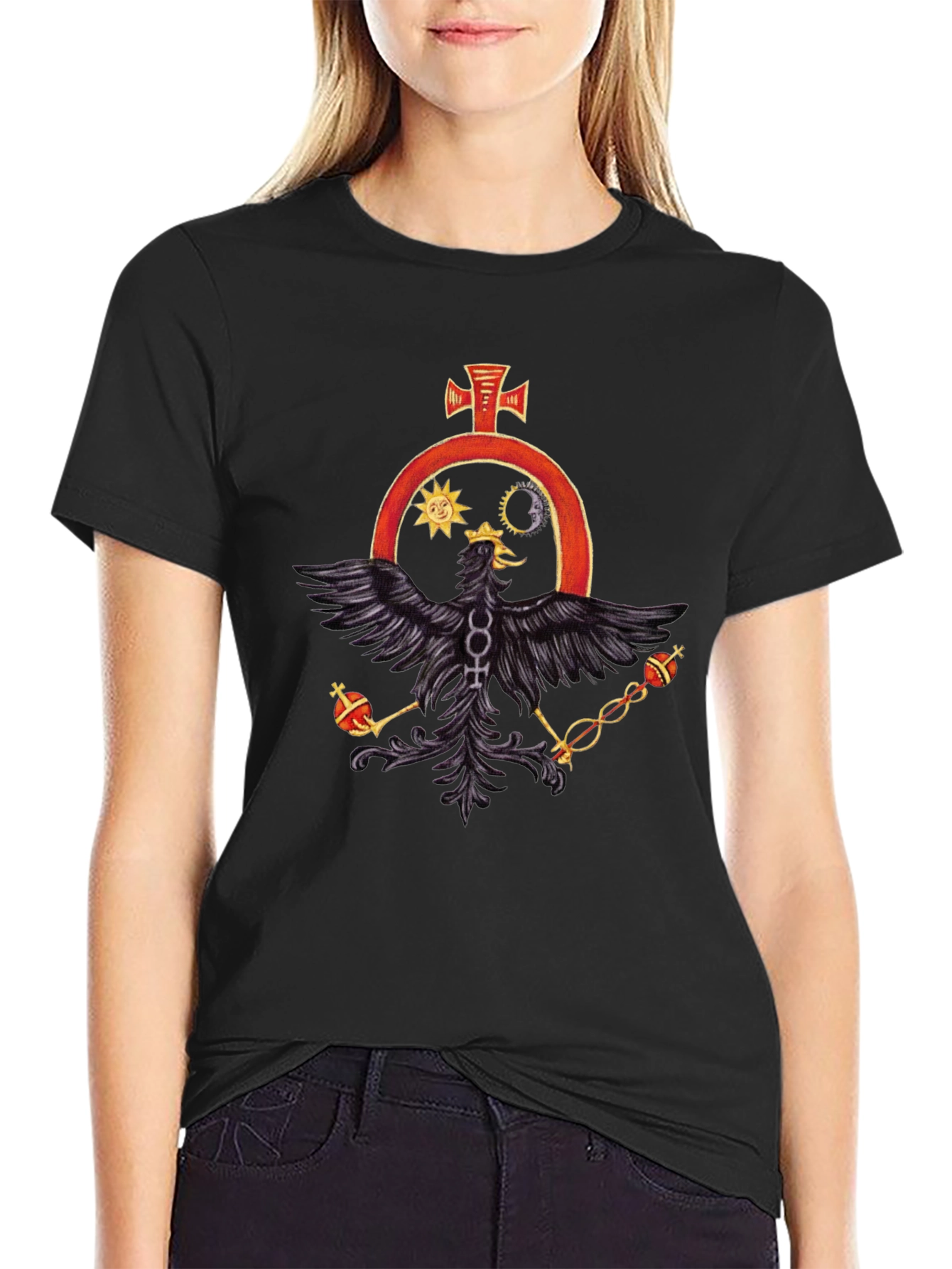 Black T-Shirt with Alchemical Symbol Eagle Design