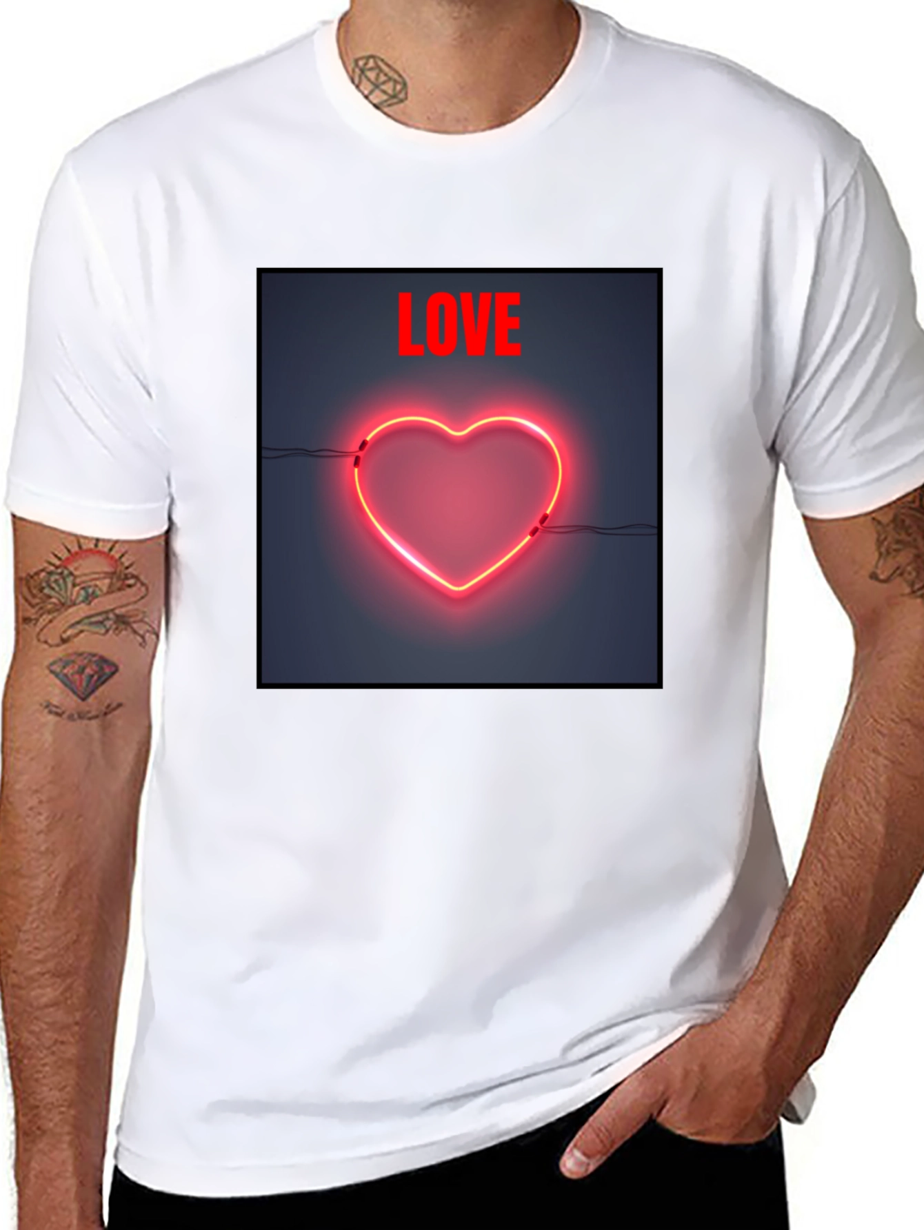 Neon Heart Love Graphic Tee - Black Cotton Casual