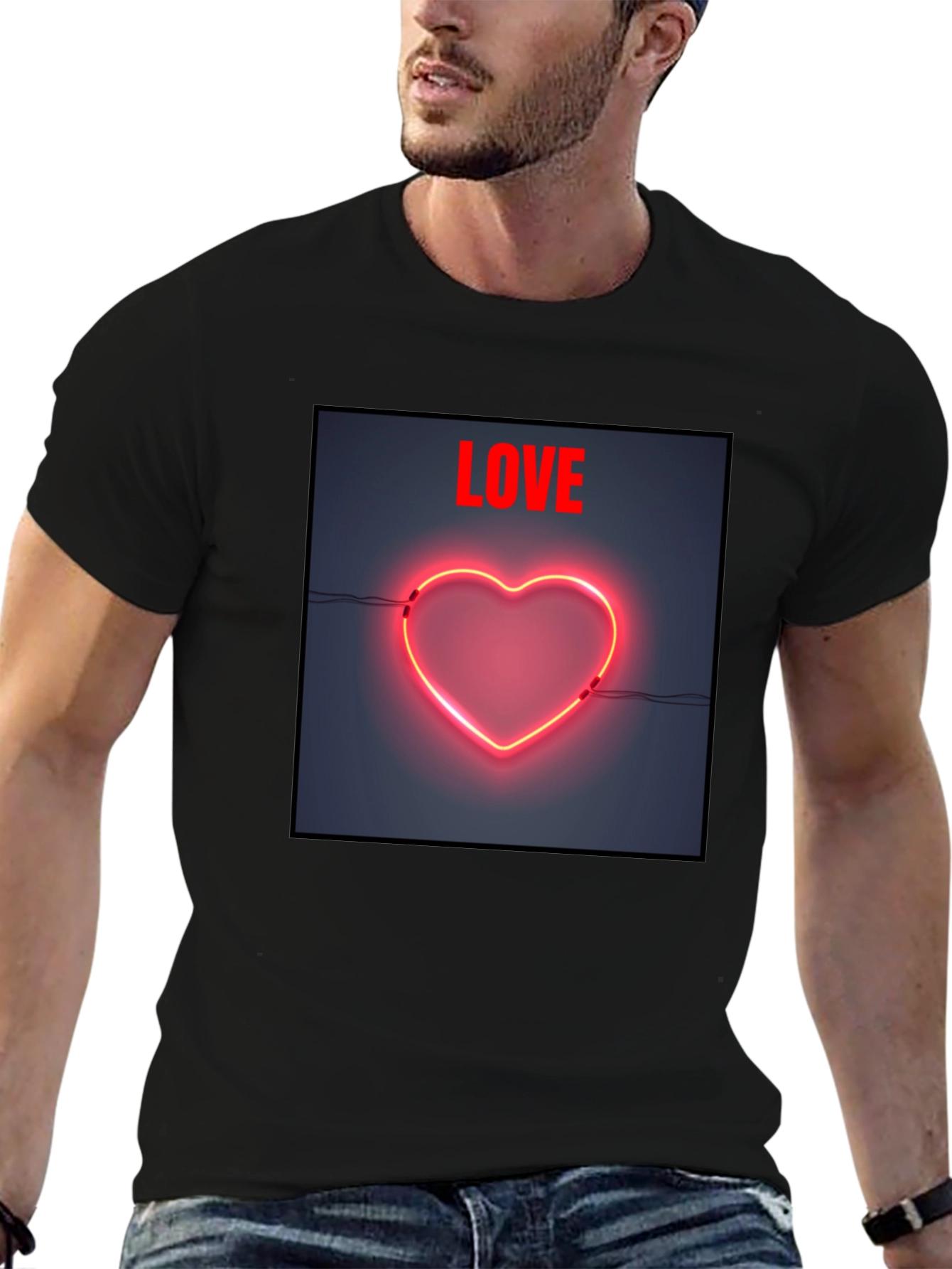 Neon Heart Love Graphic Tee - Black Cotton Casual