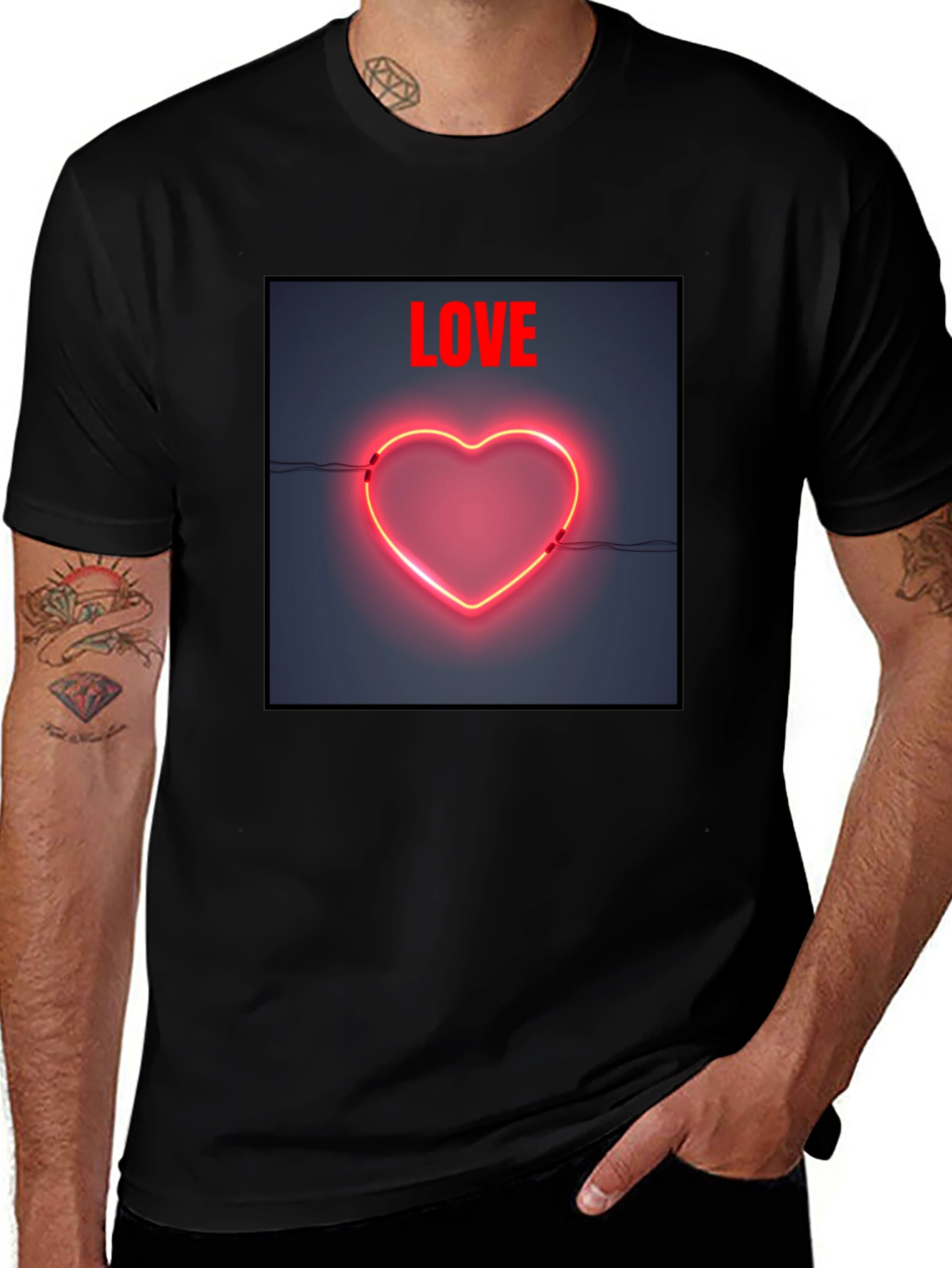 Neon Heart Love Graphic Tee - Black Cotton Casual
