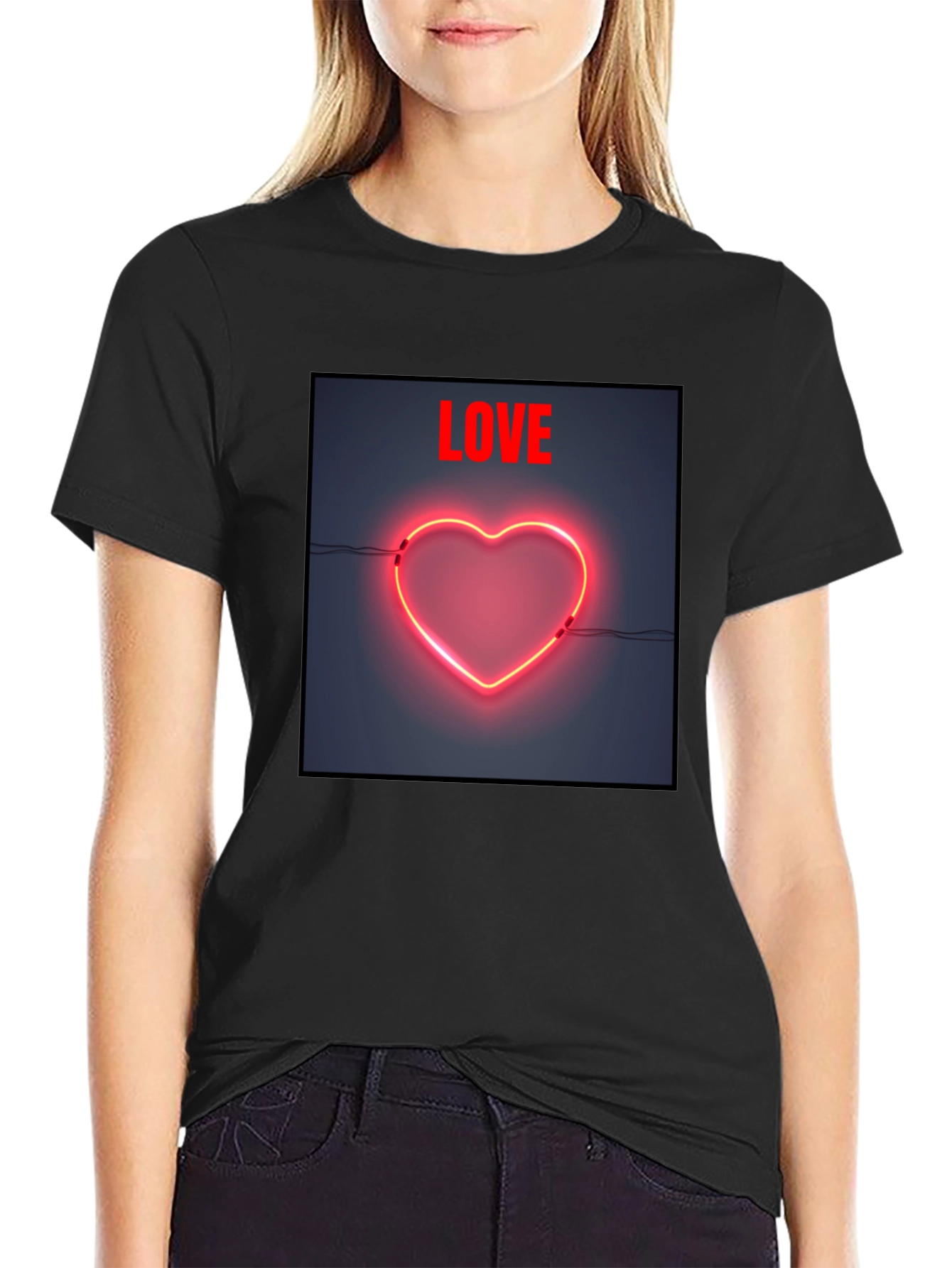 Neon Heart Love Graphic Tee - Black Cotton Casual