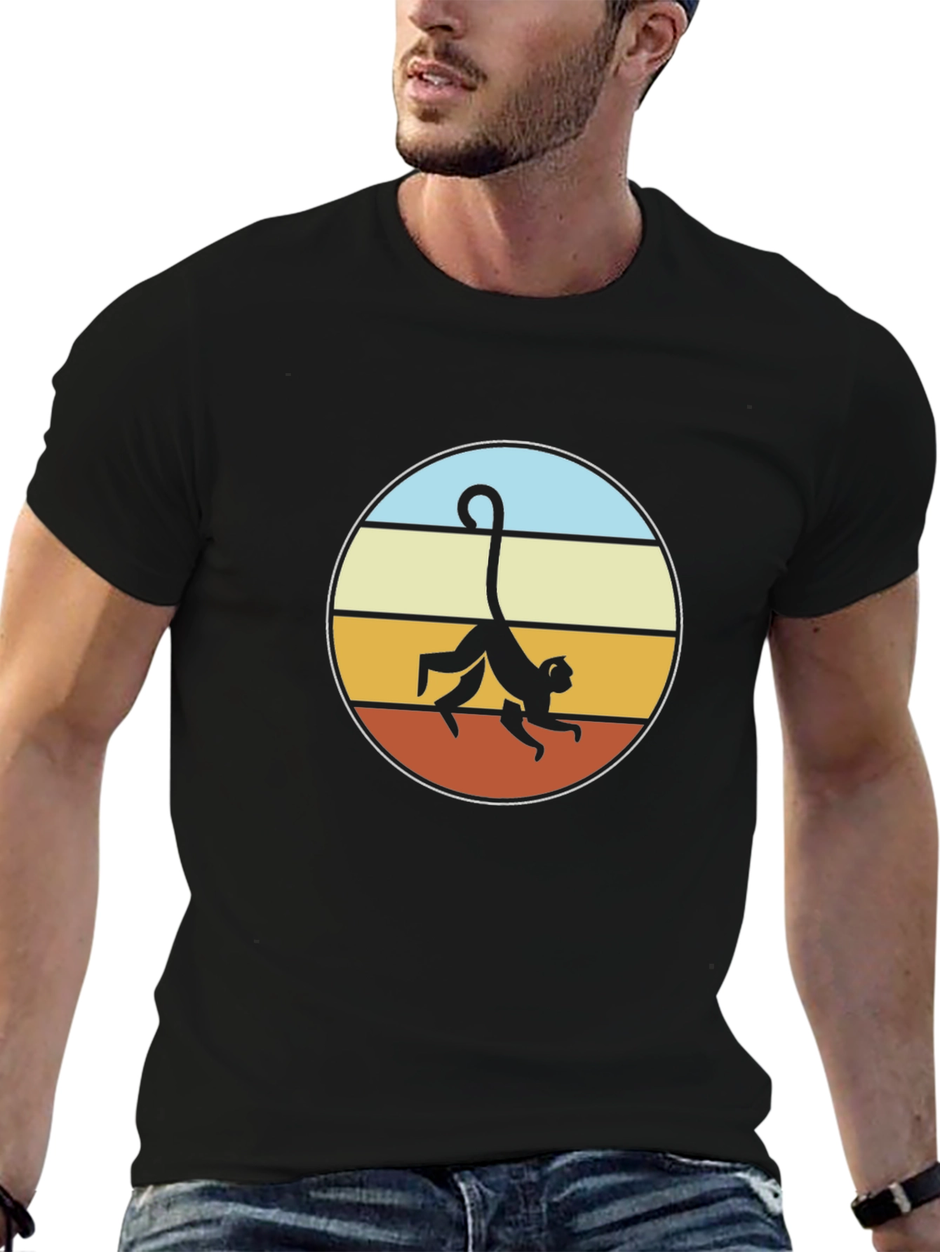 Retro Monkey Graphic Tee - Black Cotton T-Shirt