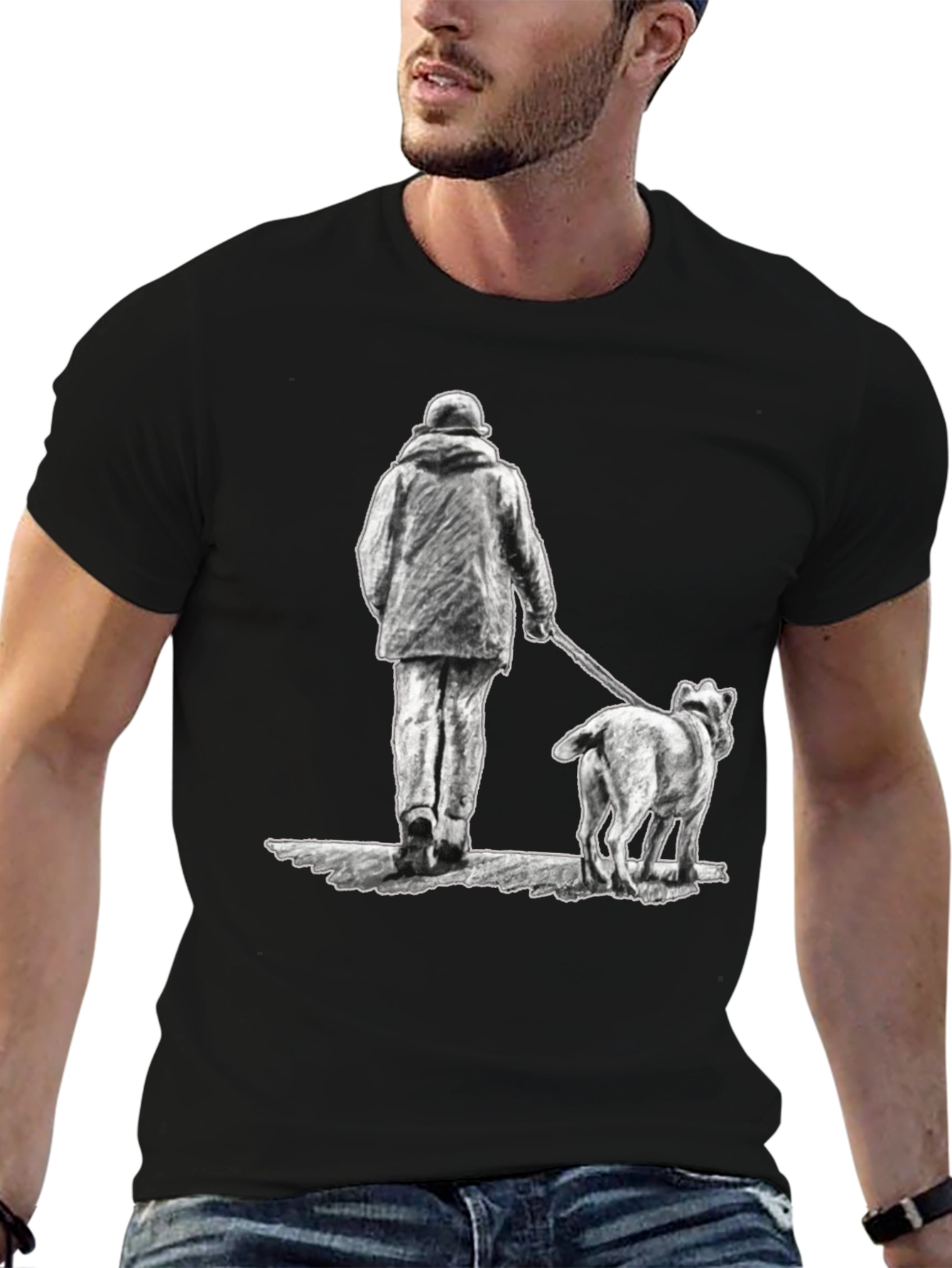 Man and Dog Print Black T-Shirt