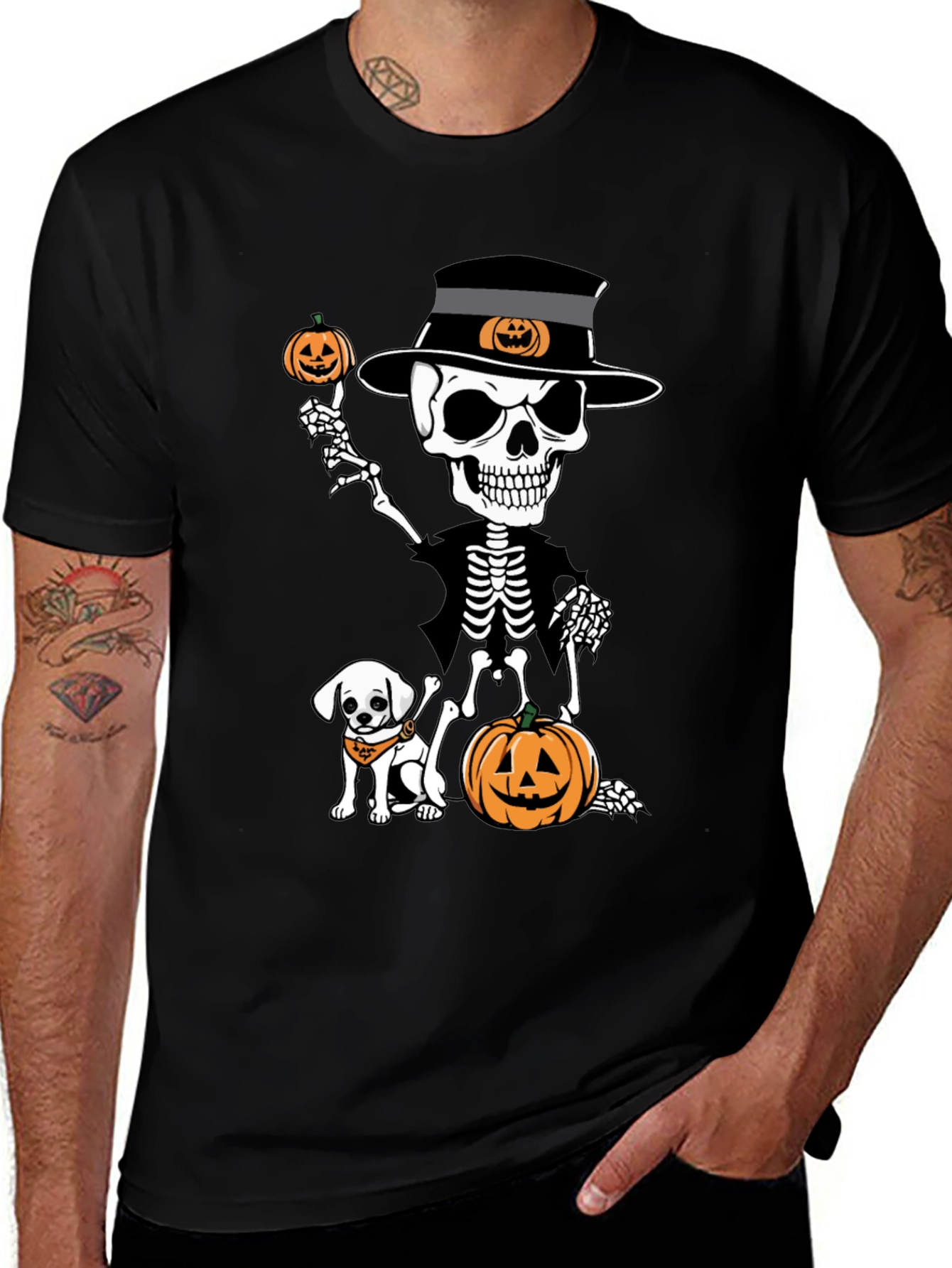 Halloween Skeleton Dog & Pumpkin Graphic Tee
