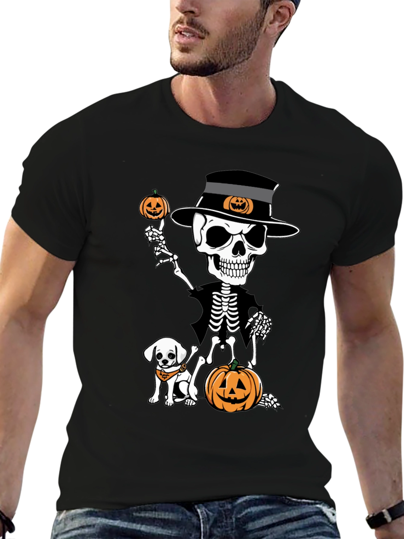 Halloween Skeleton Dog & Pumpkin Graphic Tee
