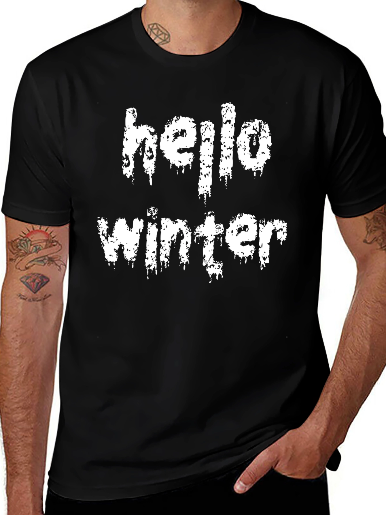 Hello Winter Graphic Tee - Black Cotton Blend T-Shirt
