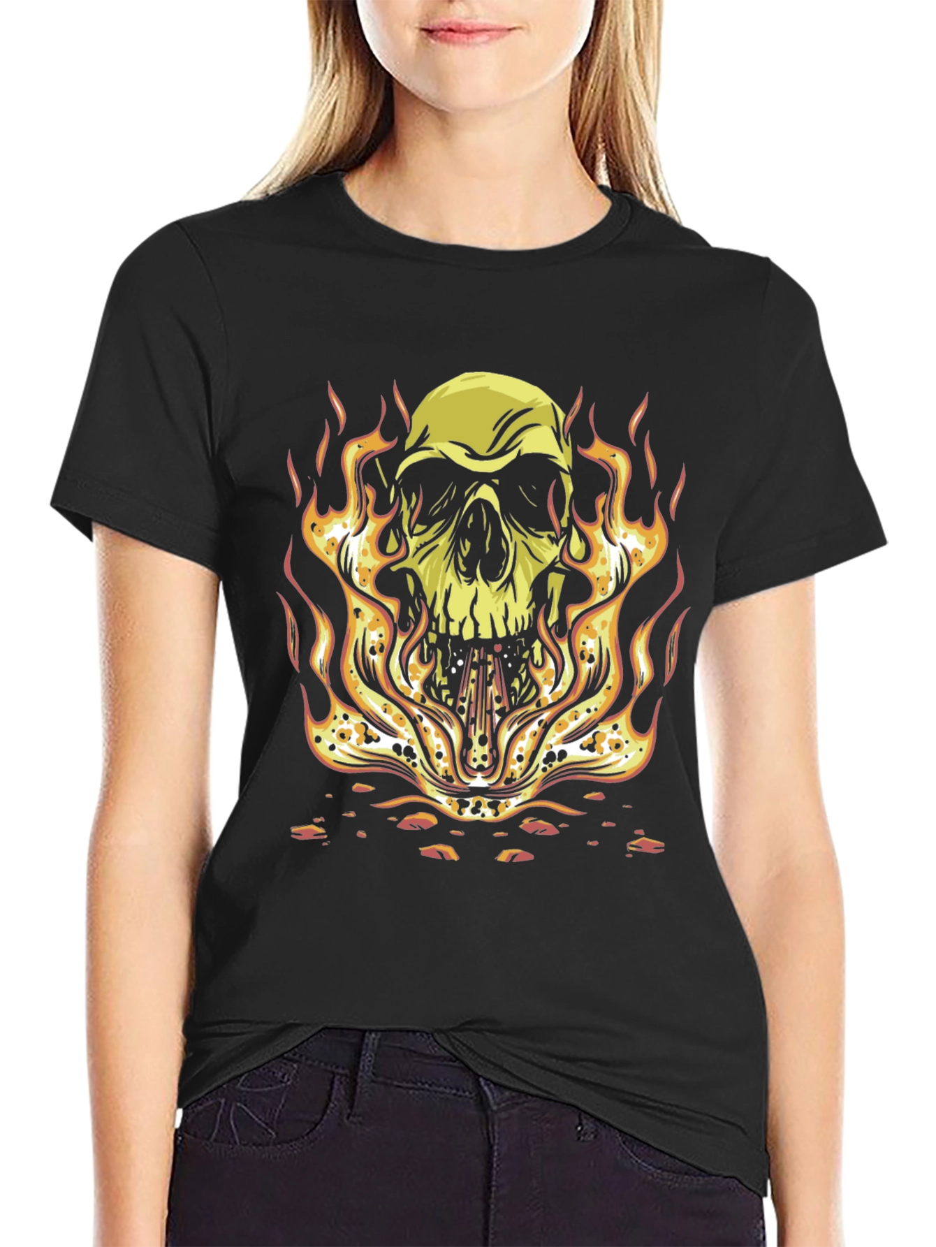 Skull on Fire Graphic Tee - Bold Black T-Shirt