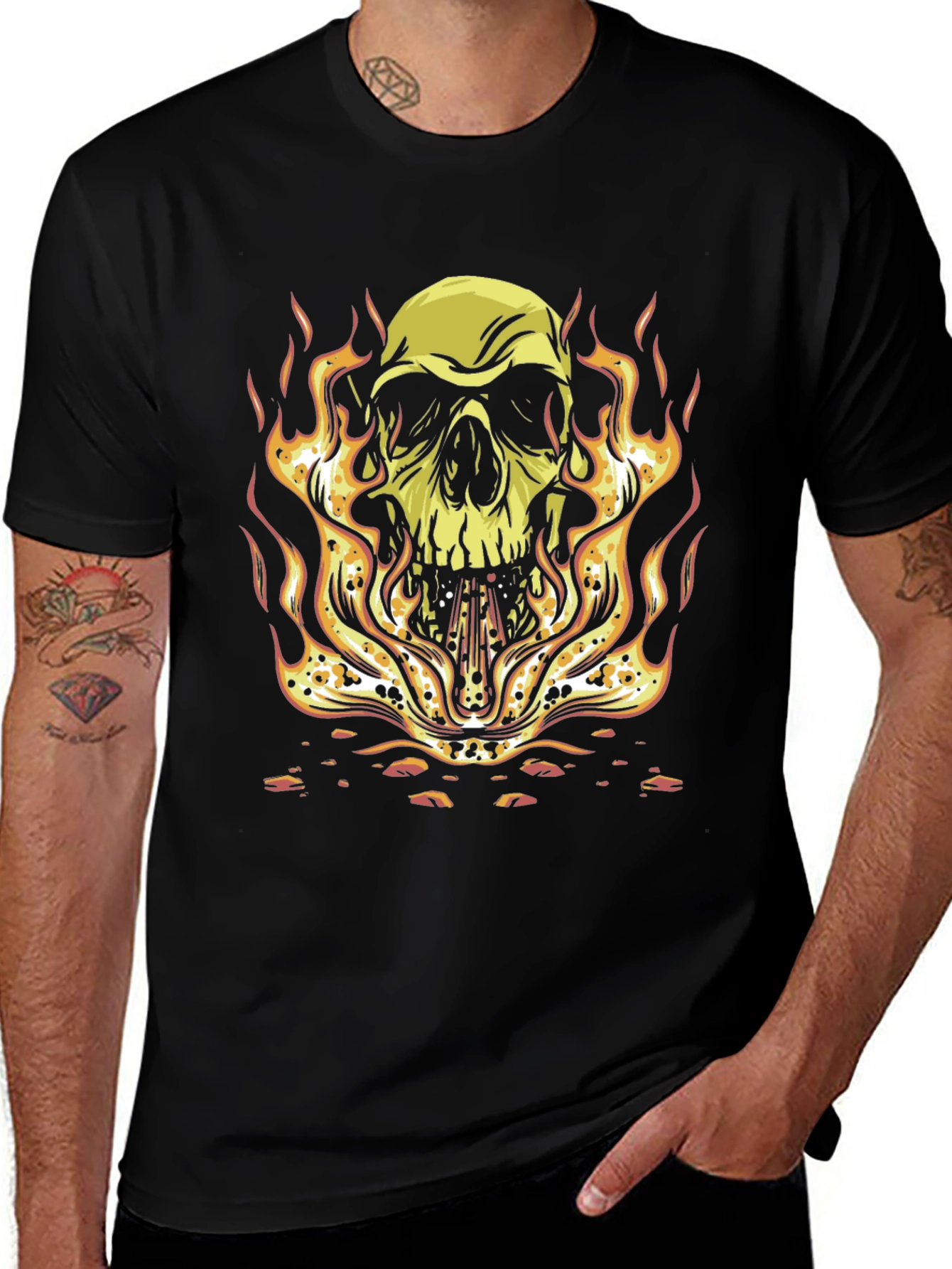 Skull on Fire Graphic Tee - Bold Black T-Shirt