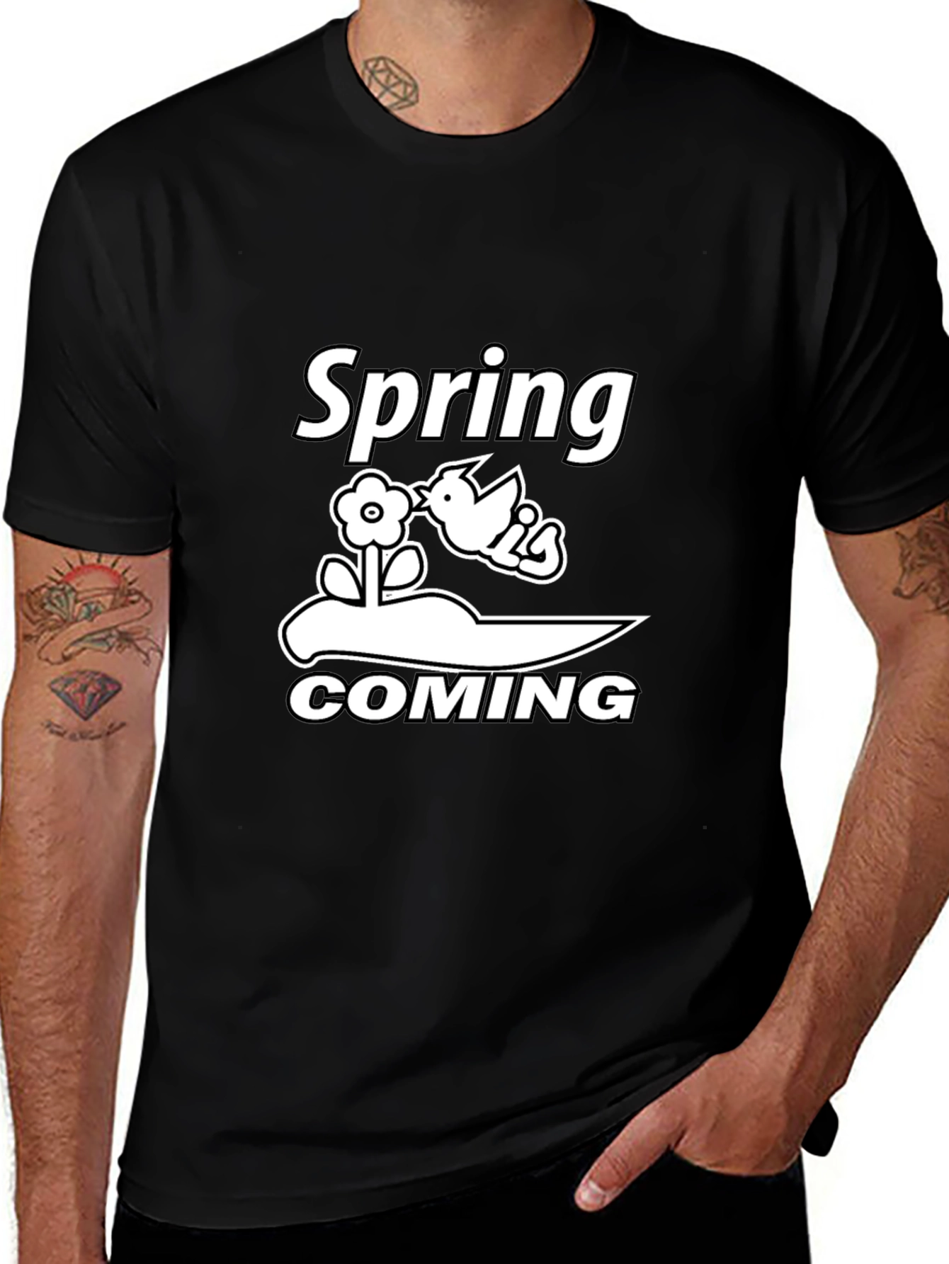 Spring Coming Graphic Tee - Black Cotton T-Shirt