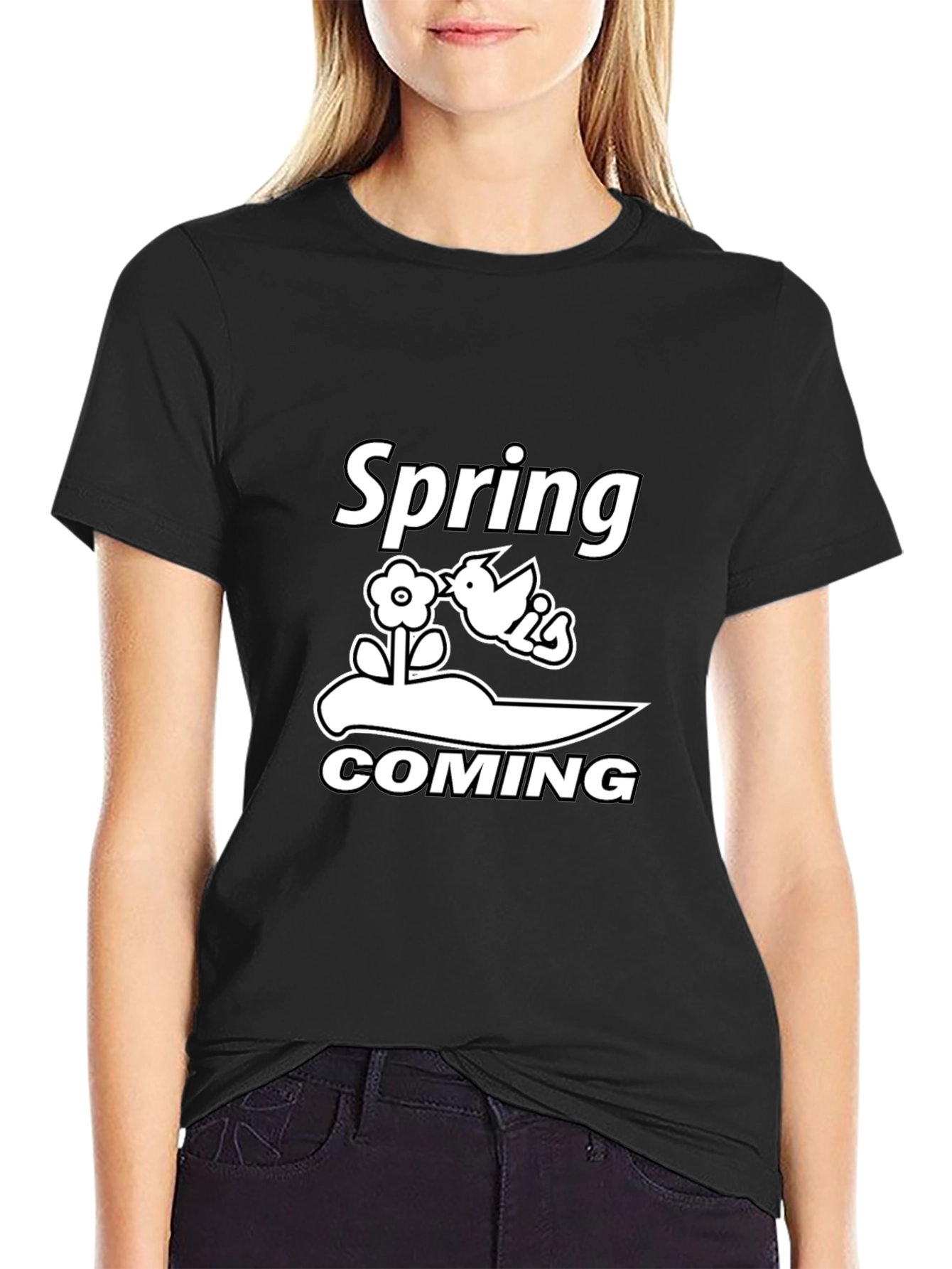 Spring Coming Graphic Tee - Black Cotton T-Shirt