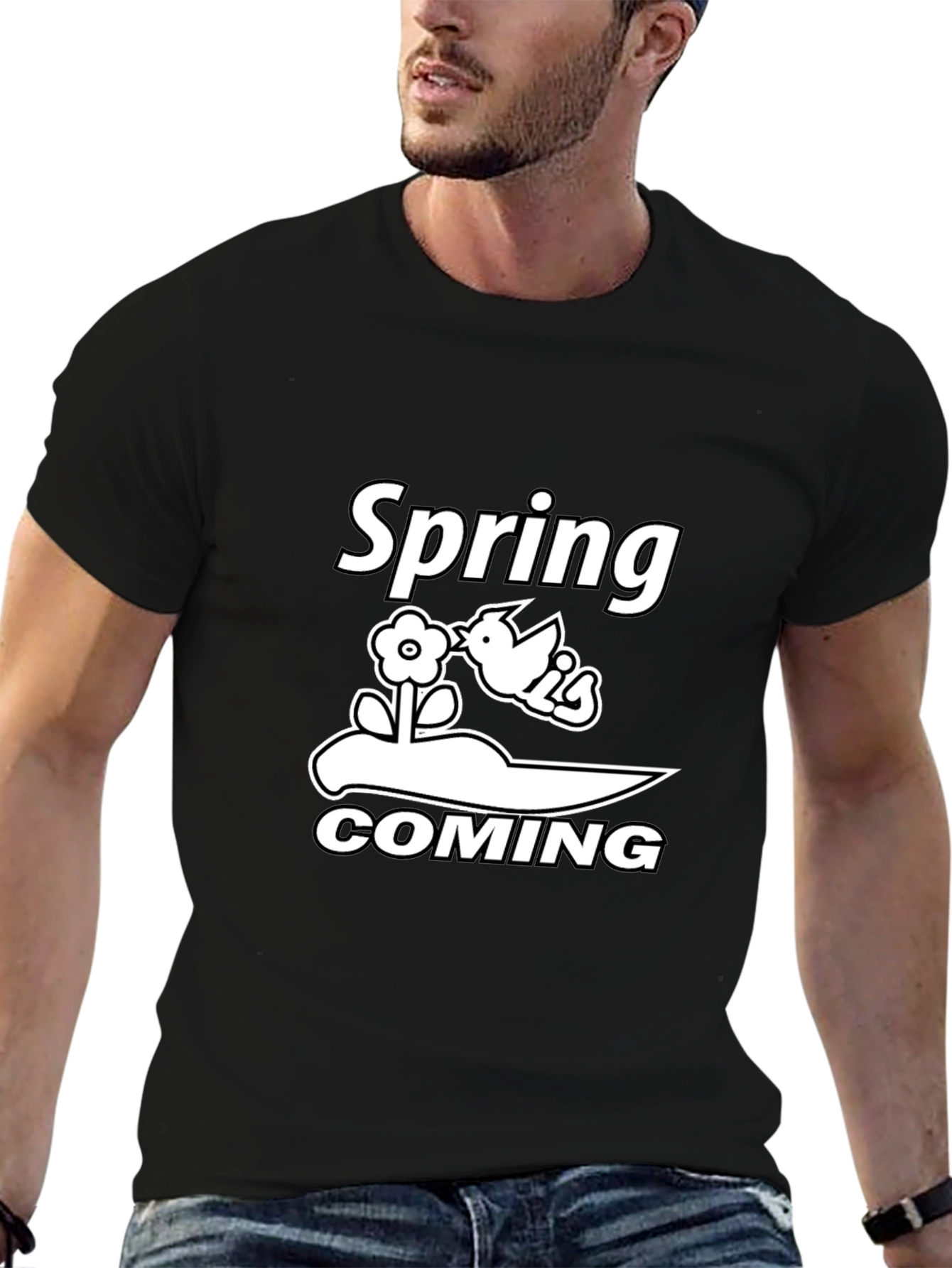 Spring Coming Graphic Tee - Black Cotton T-Shirt