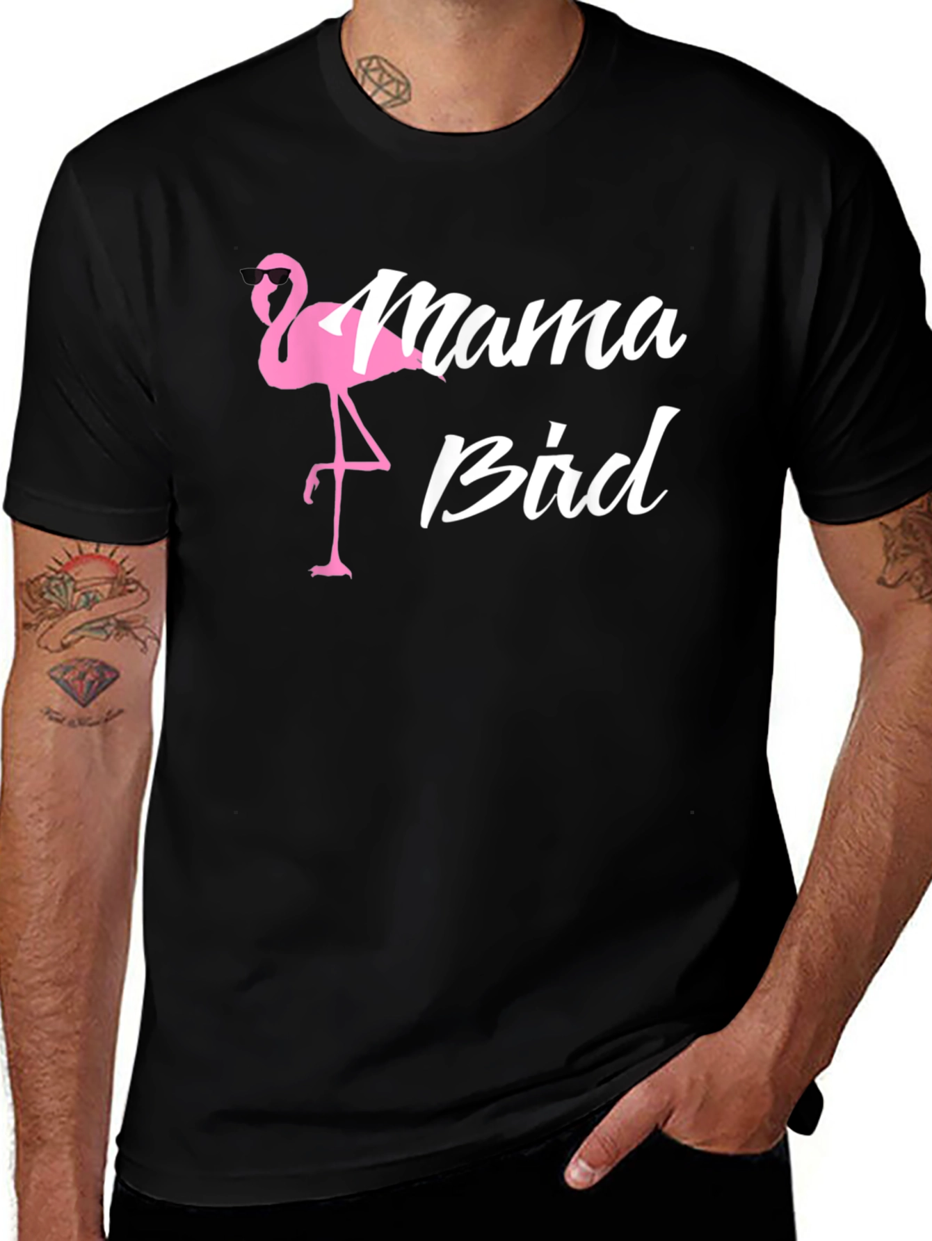 Mama Bird Flamingo Graphic T-Shirt - Black