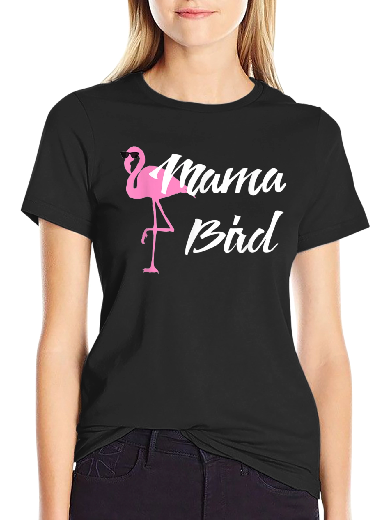 Mama Bird Flamingo Graphic T-Shirt - Black