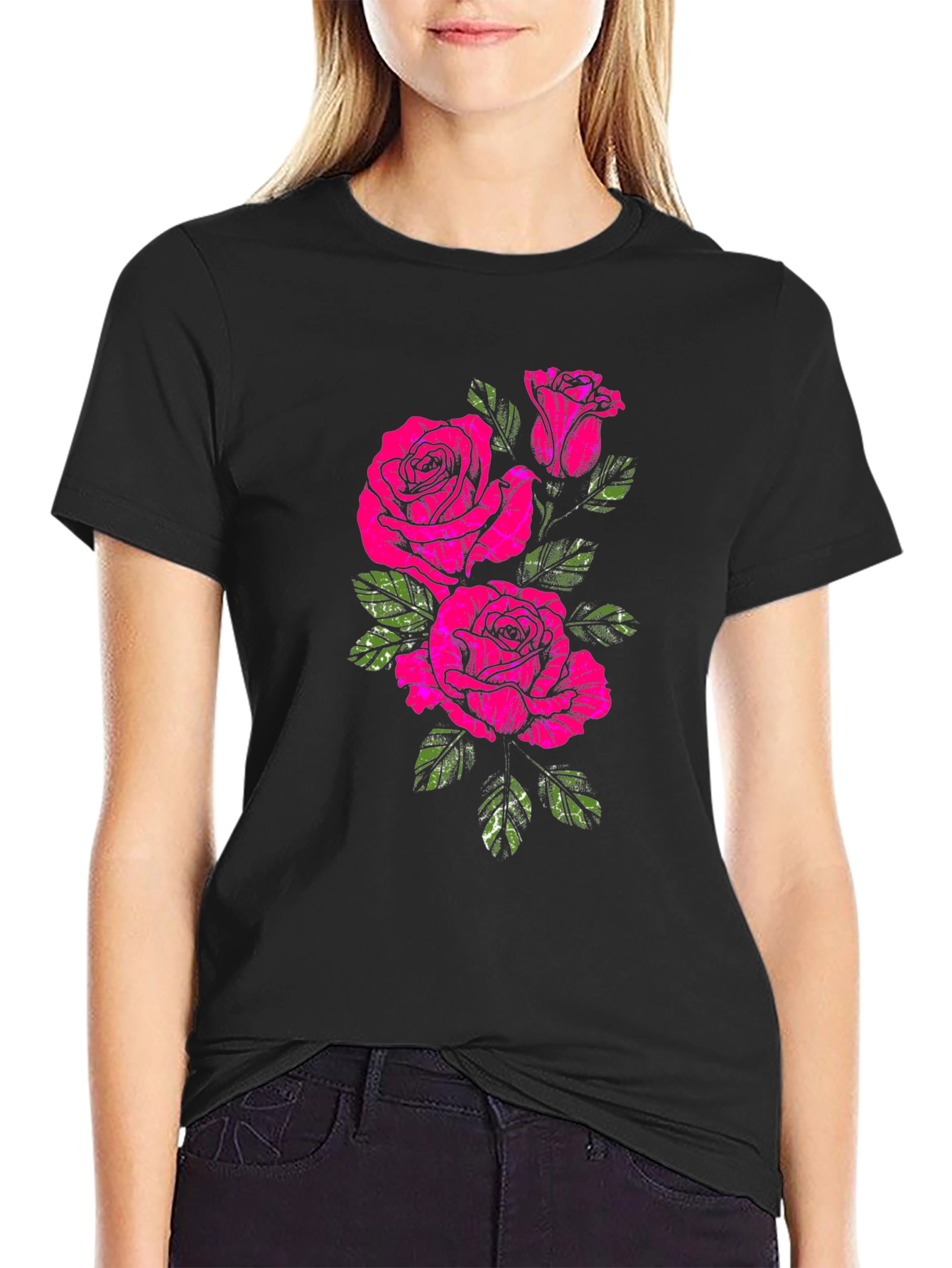 Black T-Shirt with Floral Rose Print