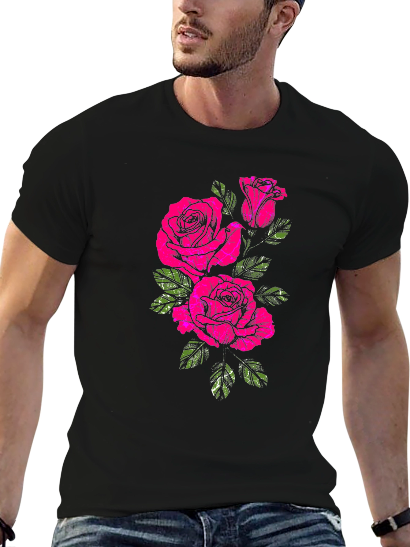 Black T-Shirt with Floral Rose Print