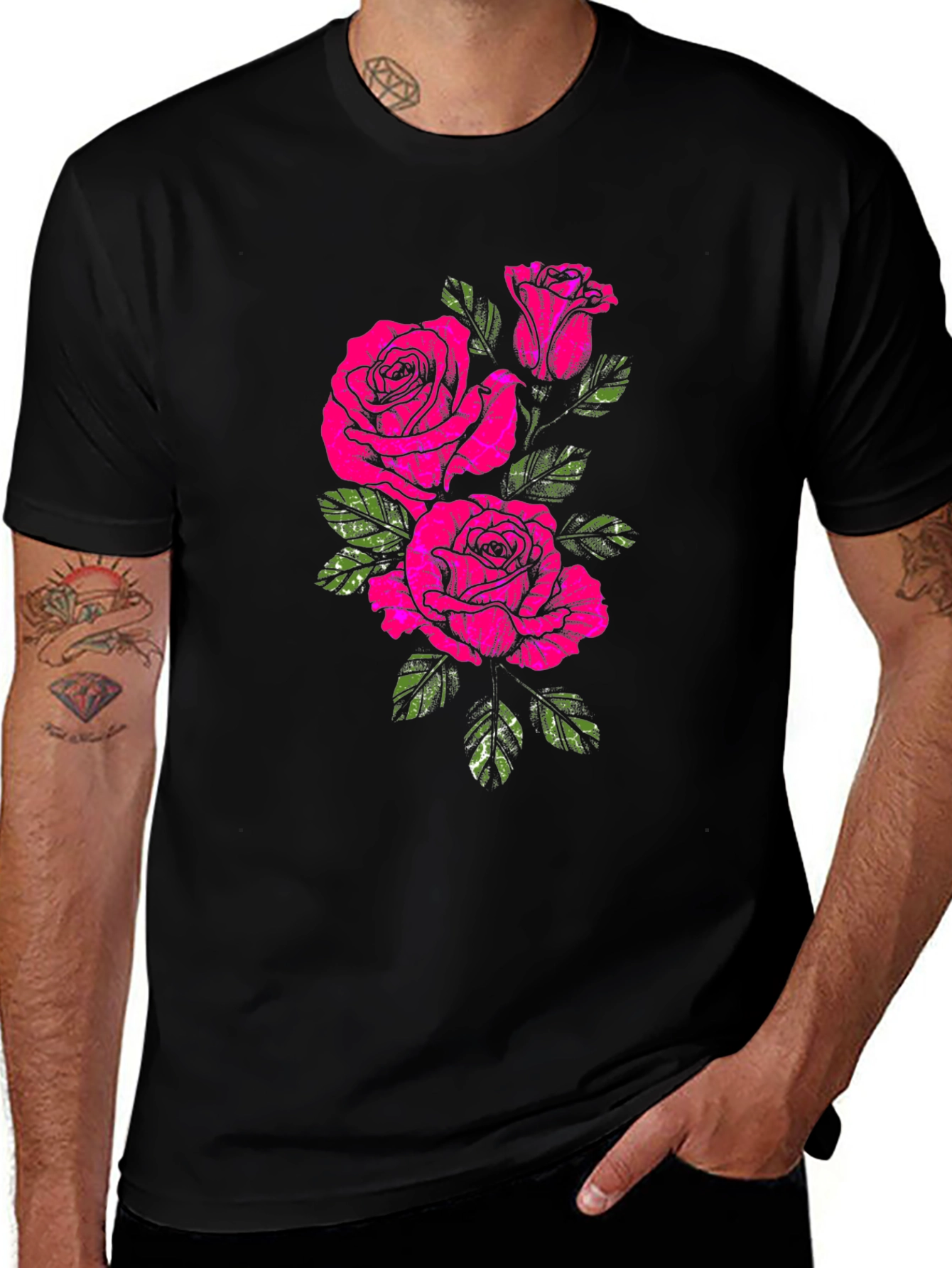 Black T-Shirt with Floral Rose Print