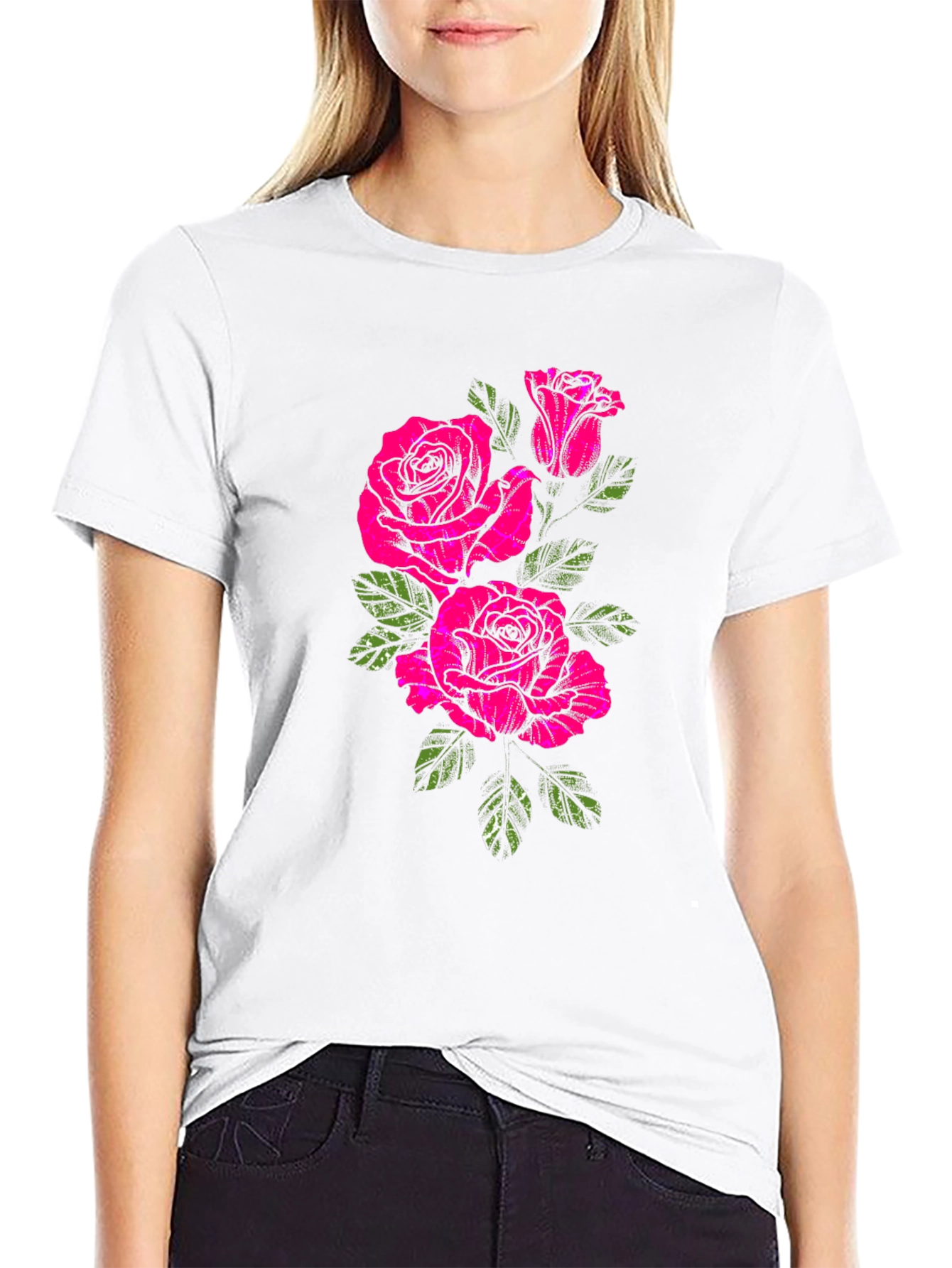 Black T-Shirt with Floral Rose Print