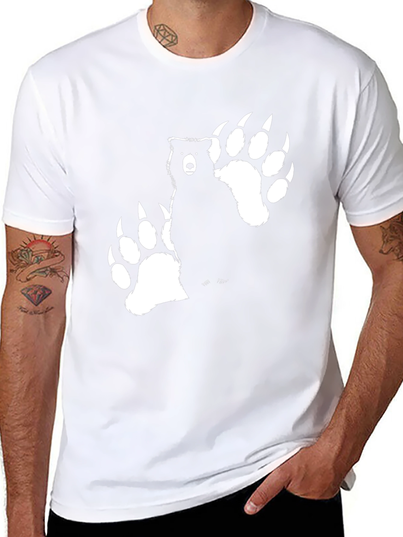 Bear Paw Print Graphic Tee - Black Cotton T-Shirt