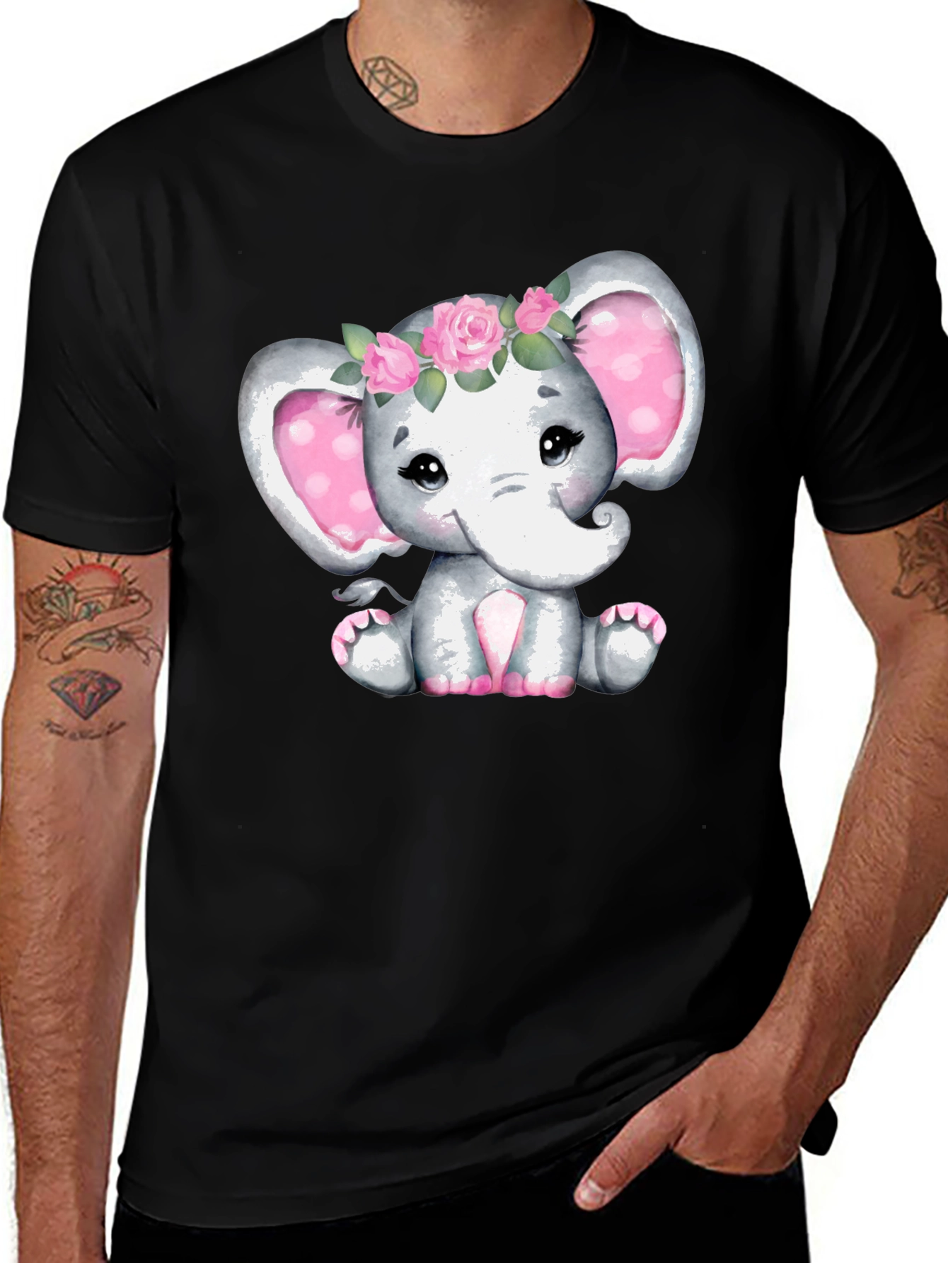 Cute Elephant Flower Crown Black T-Shirt