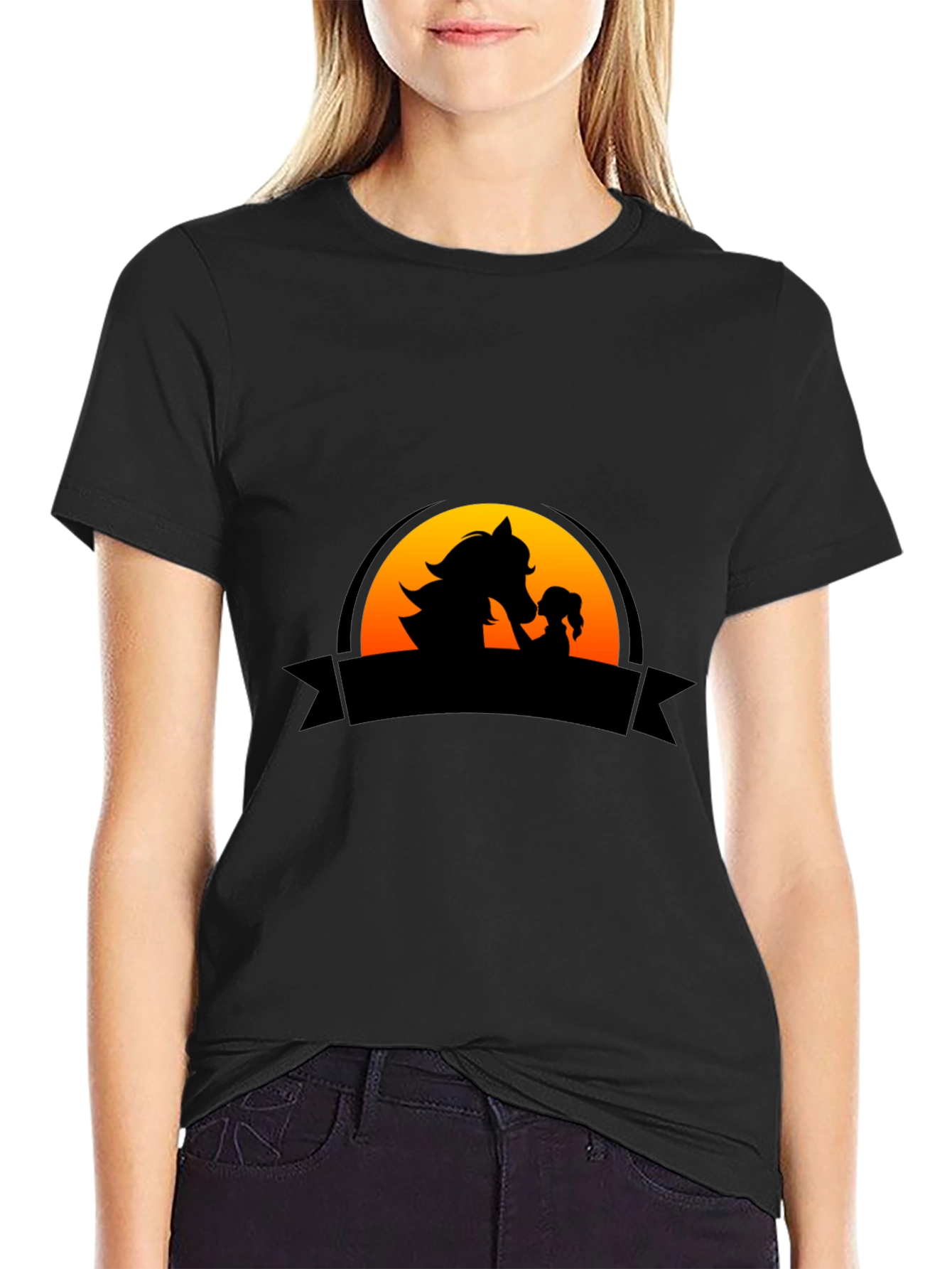 Horse & Girl Silhouette Graphic Tee - Black