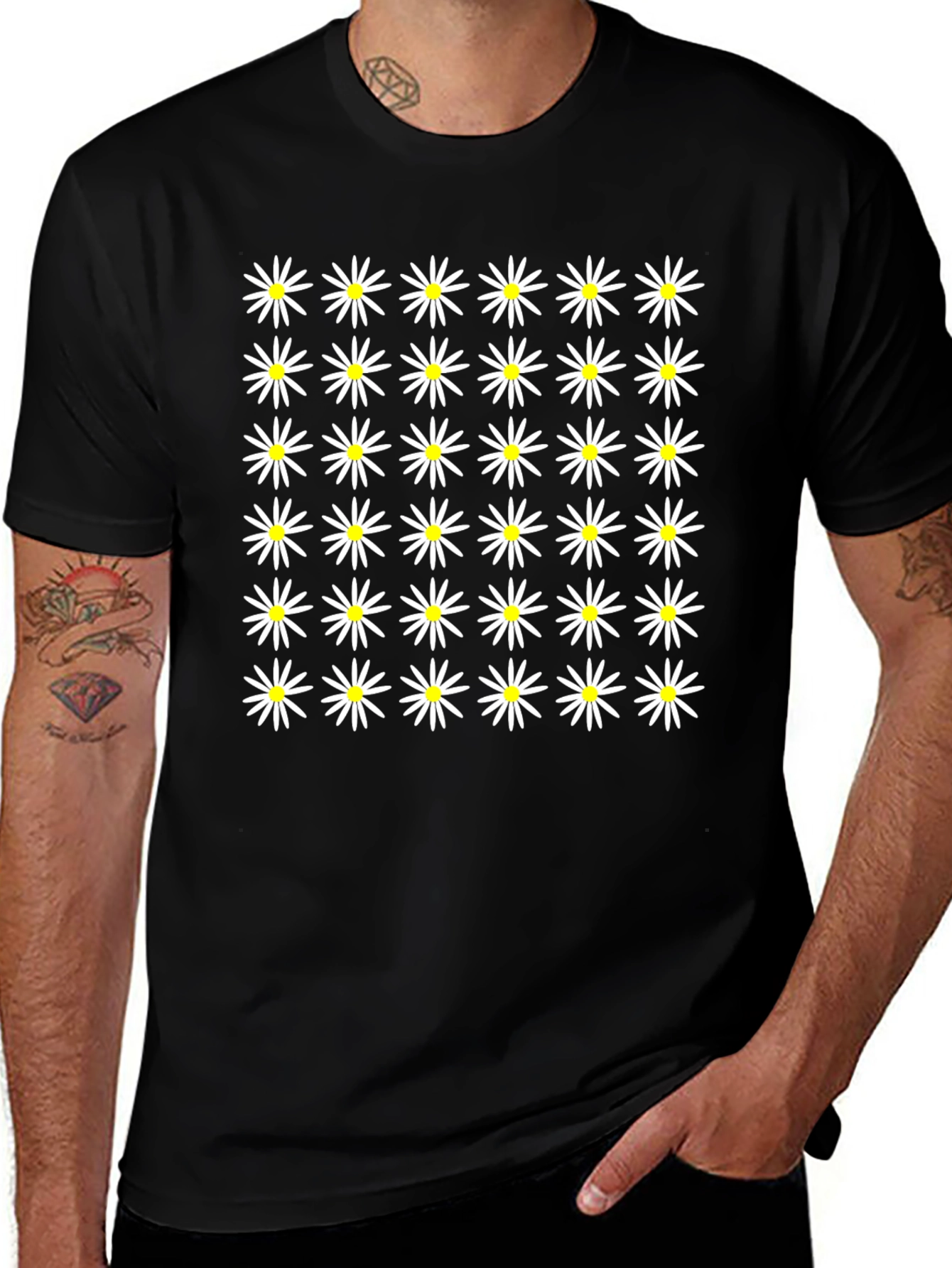 Daisy Pattern Black Tee