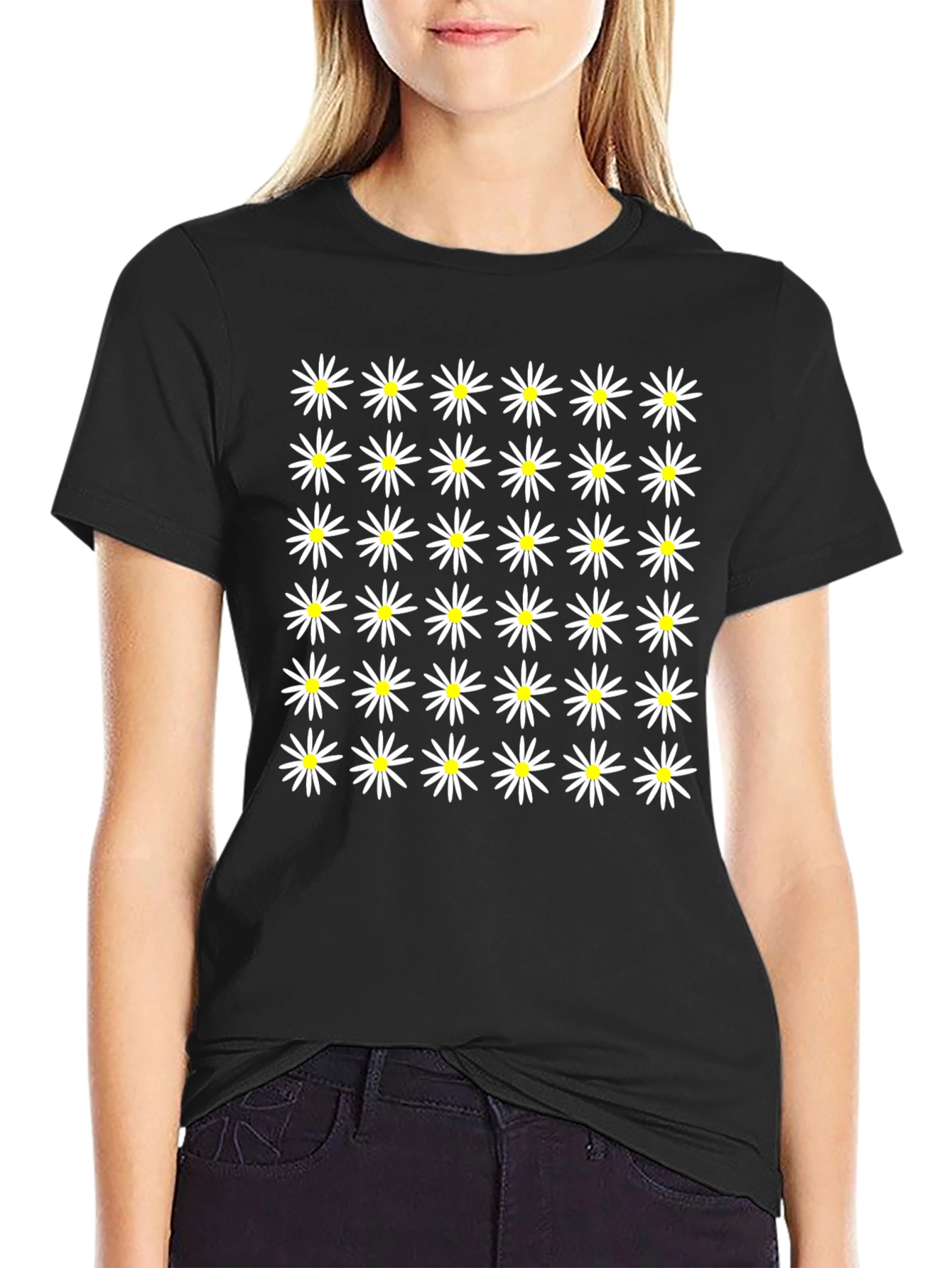 Daisy Pattern Black Tee