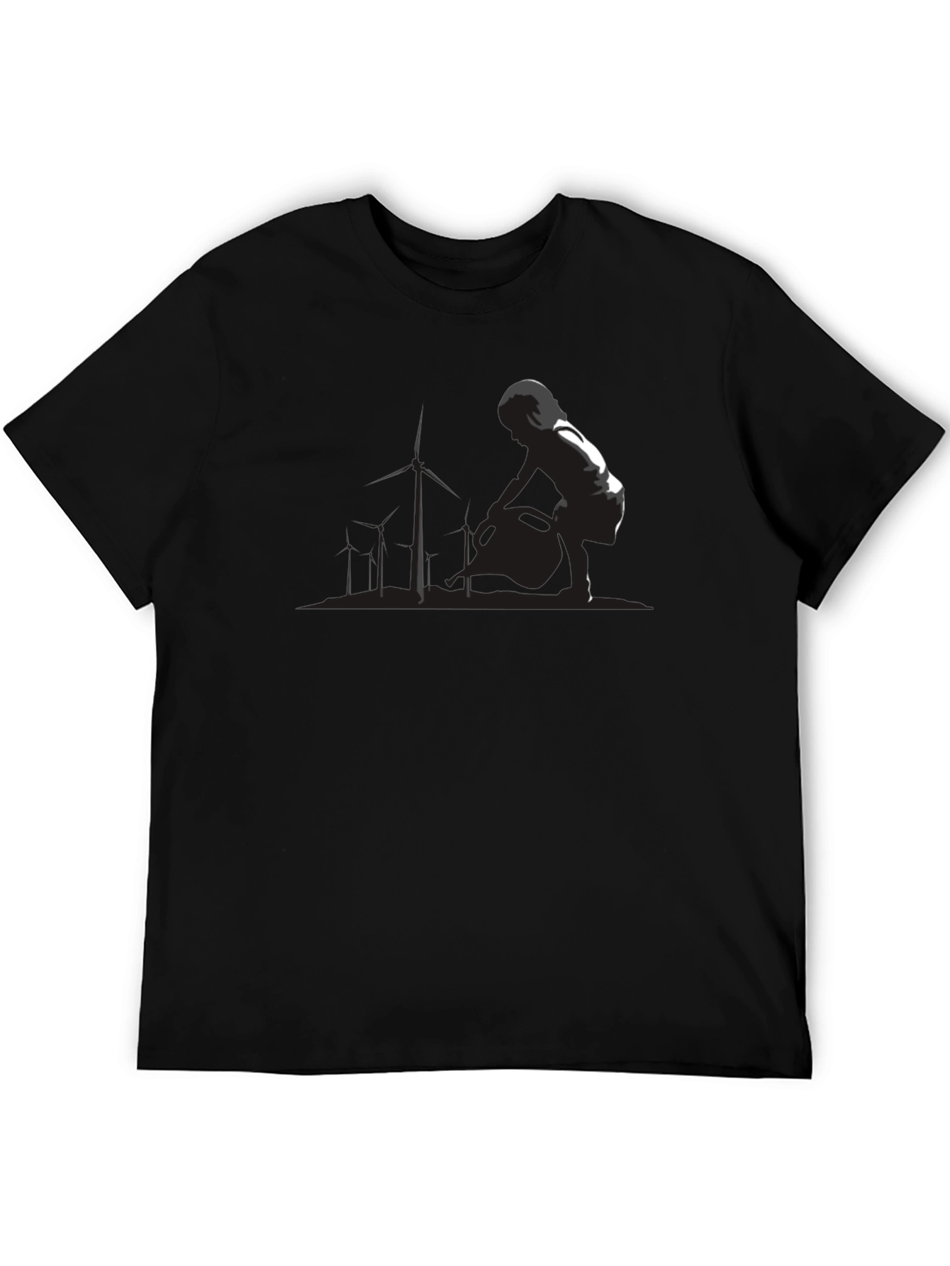 Modern Black T-Shirt with Wind Turbine Graphic