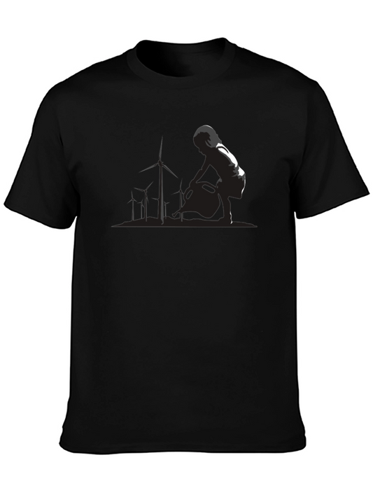 Modern Black T-Shirt with Wind Turbine Graphic