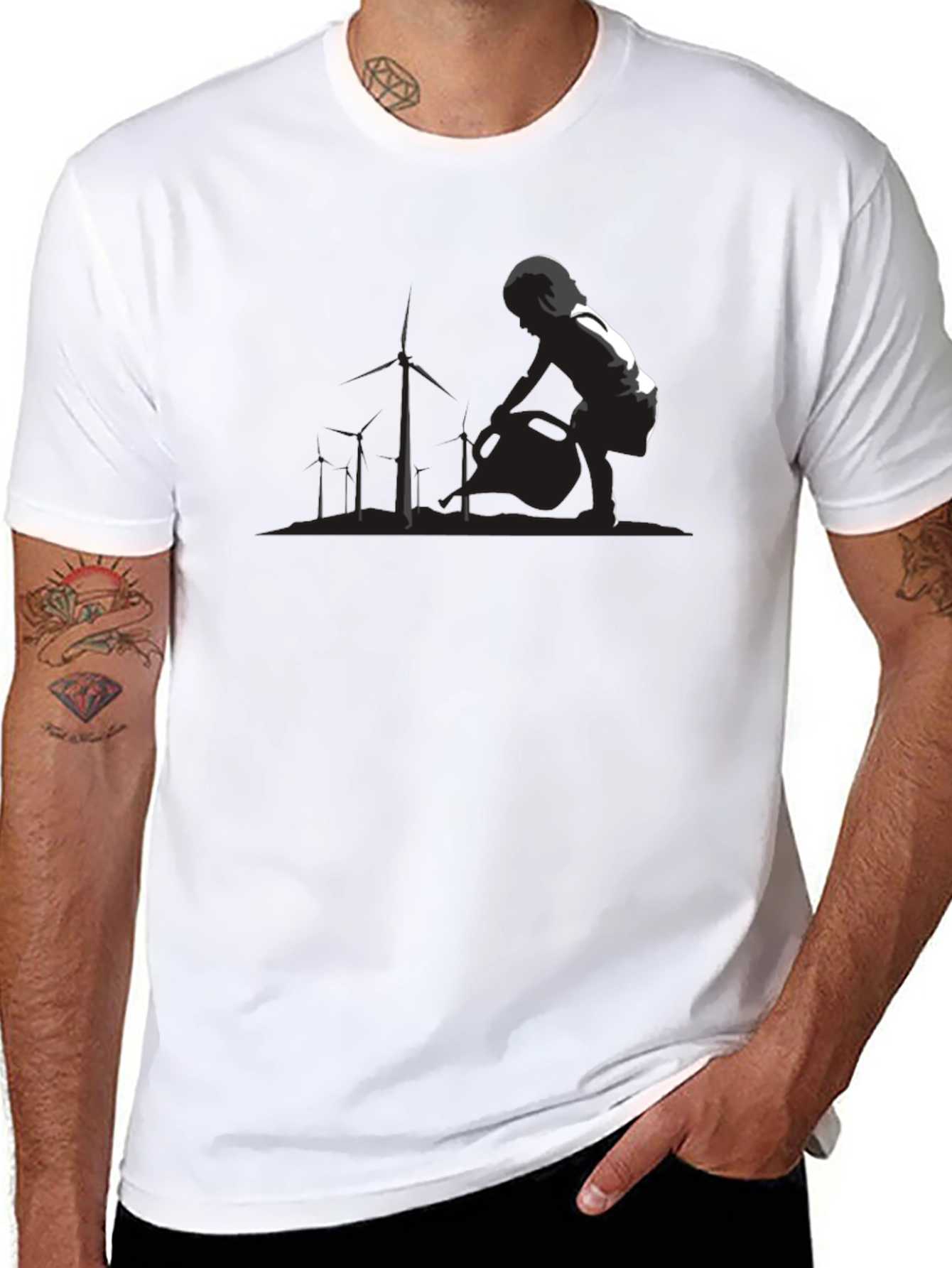 Modern Black T-Shirt with Wind Turbine Graphic