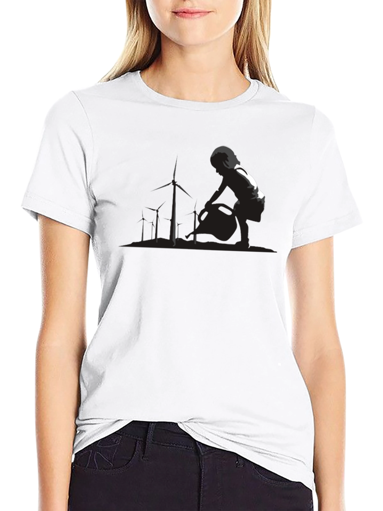 Modern Black T-Shirt with Wind Turbine Graphic
