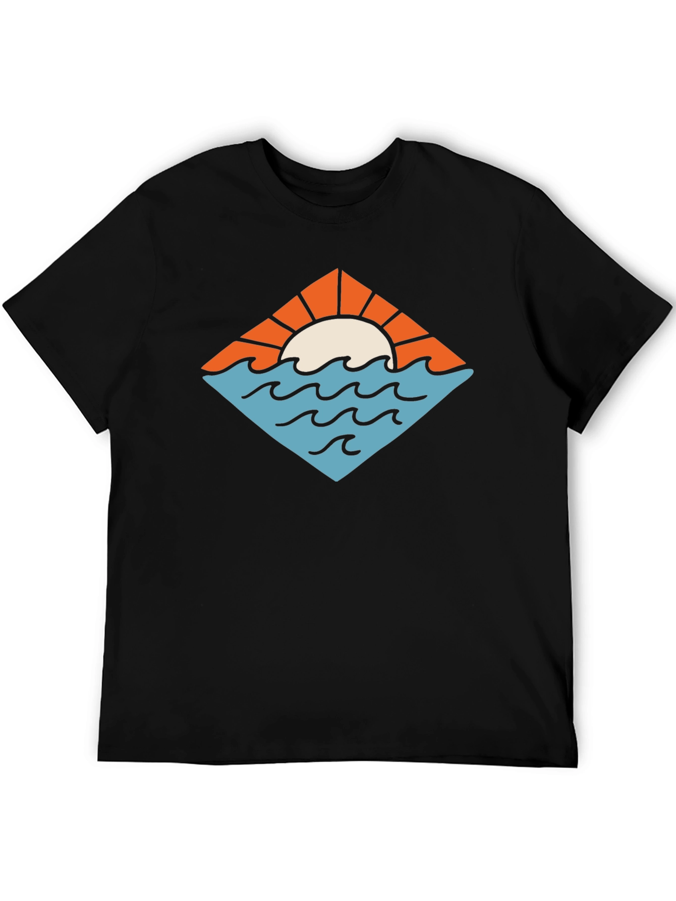 Sunset Ocean Graphic Tee - Black Cotton T-Shirt