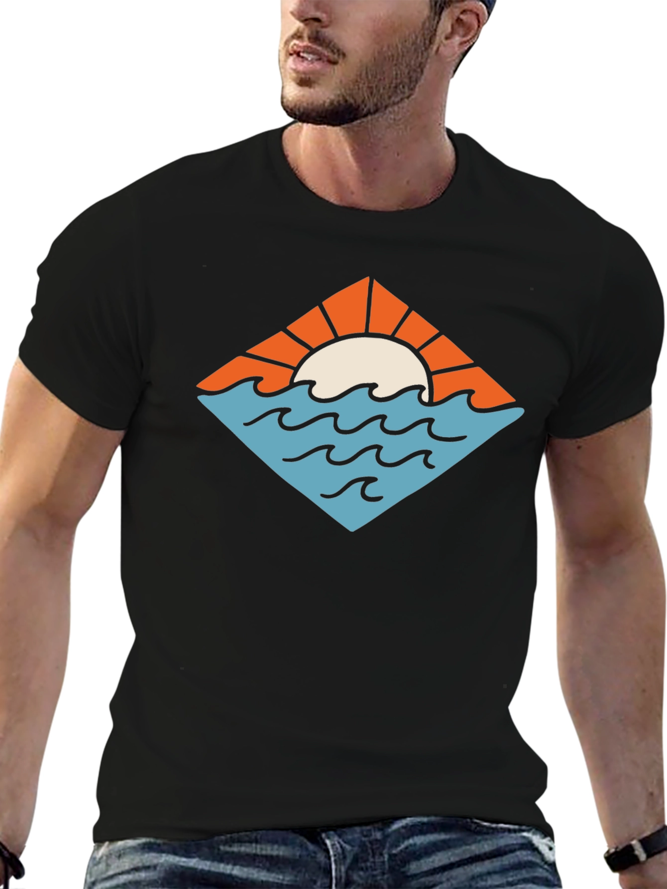 Sunset Ocean Graphic Tee - Black Cotton T-Shirt