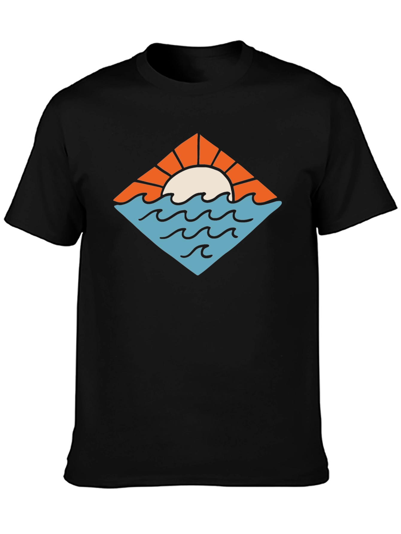 Sunset Ocean Graphic Tee - Black Cotton T-Shirt
