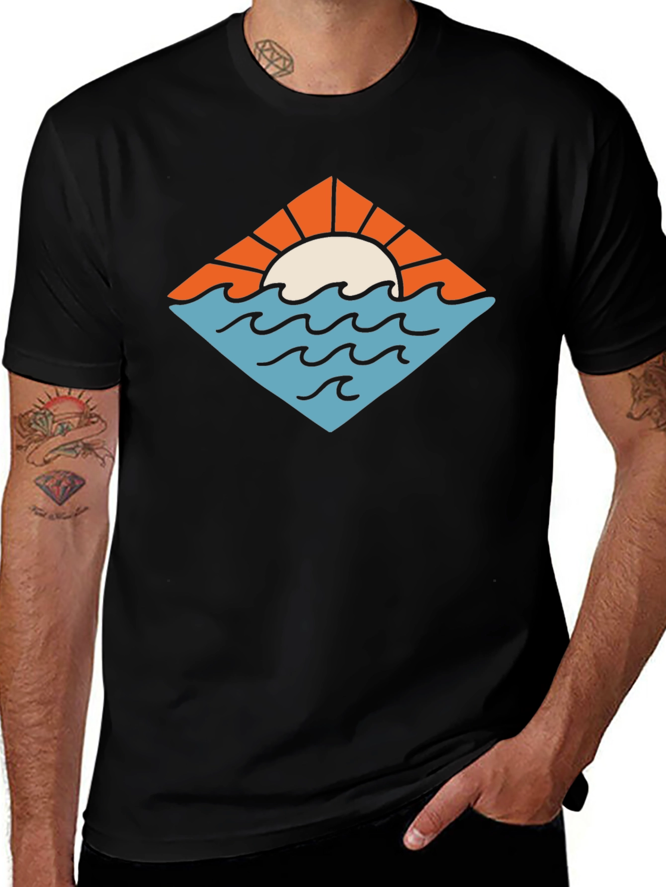 Sunset Ocean Graphic Tee - Black Cotton T-Shirt
